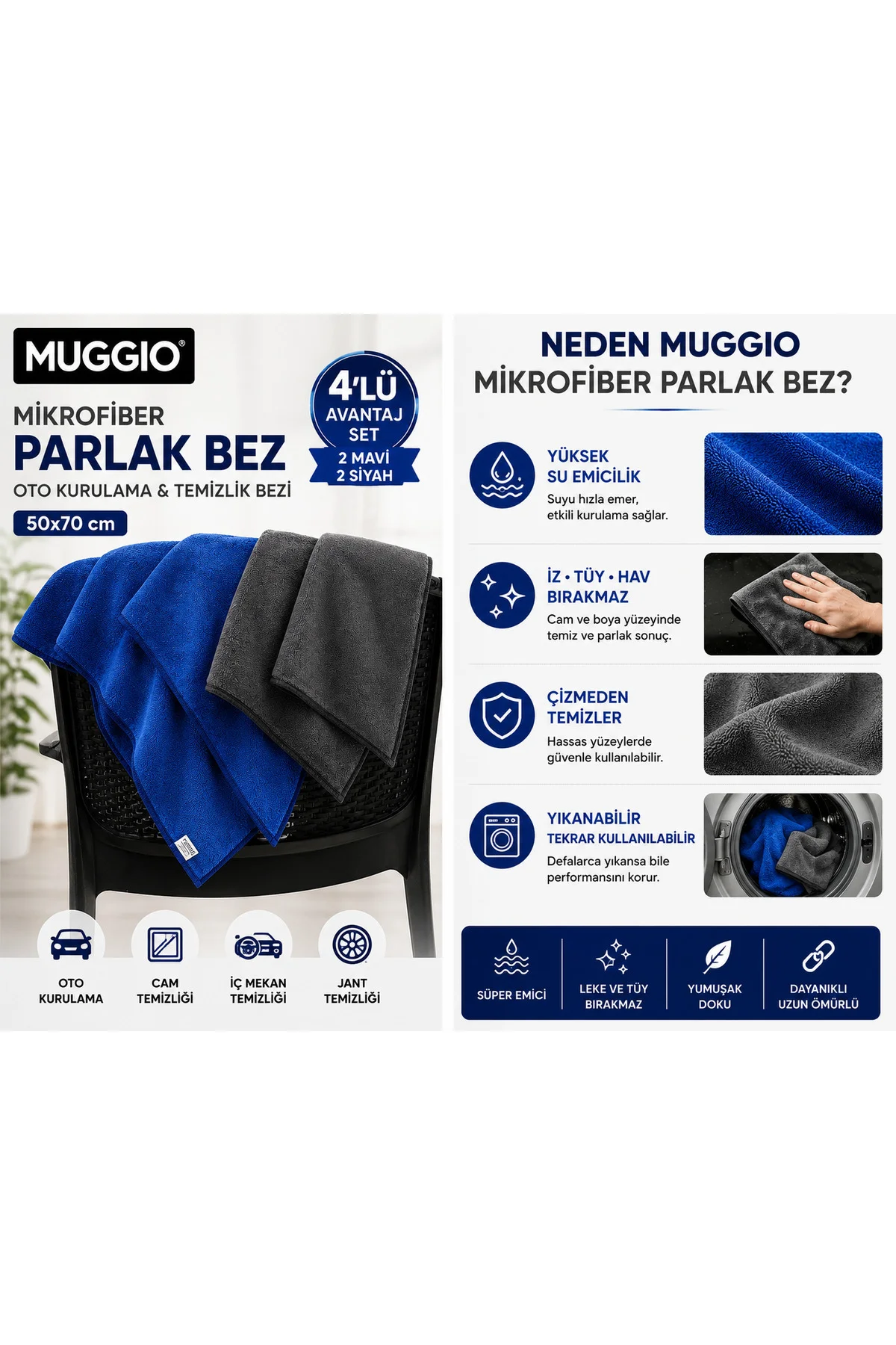 50x70 Mikrofiber Parlak Bez 4'lü Avantaj Seti | Oto Kurulama &amp; Temizlik Bezi, Süper Emici, İz Tü
