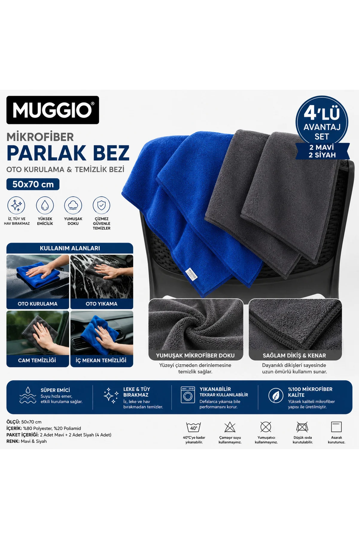 50x70 Mikrofiber Parlak Bez 4'lü Avantaj Seti | Oto Kurulama &amp; Temizlik Bezi, Süper Emici, İz Tü - Muggio Görsel 2