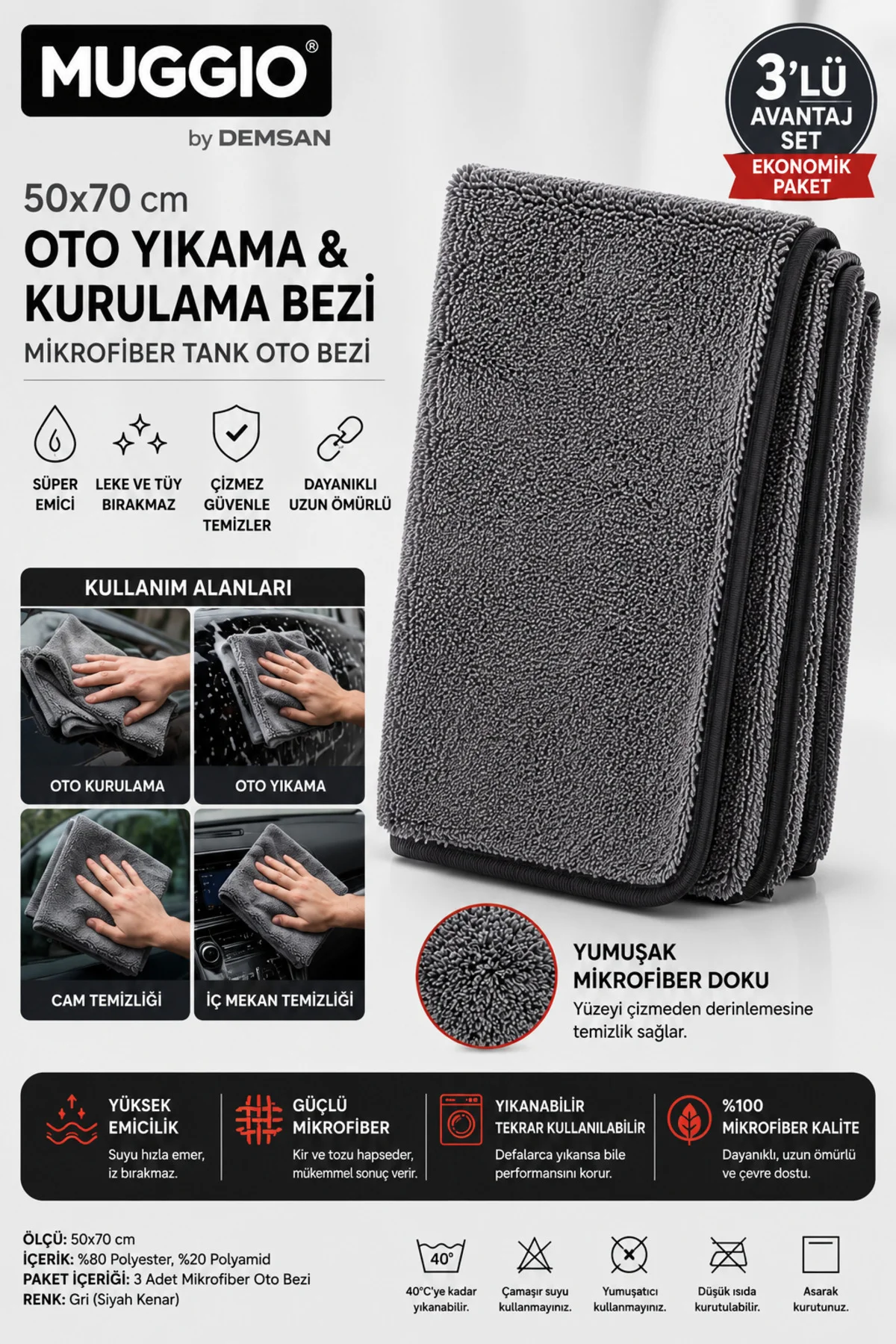 50x70 Mikrofiber Oto Yıkama &amp; Kurulama Bezi 3'lü Avantaj Seti | Süper Emici, İz Tüy Hav Bırakmaz - Muggio Görsel 2