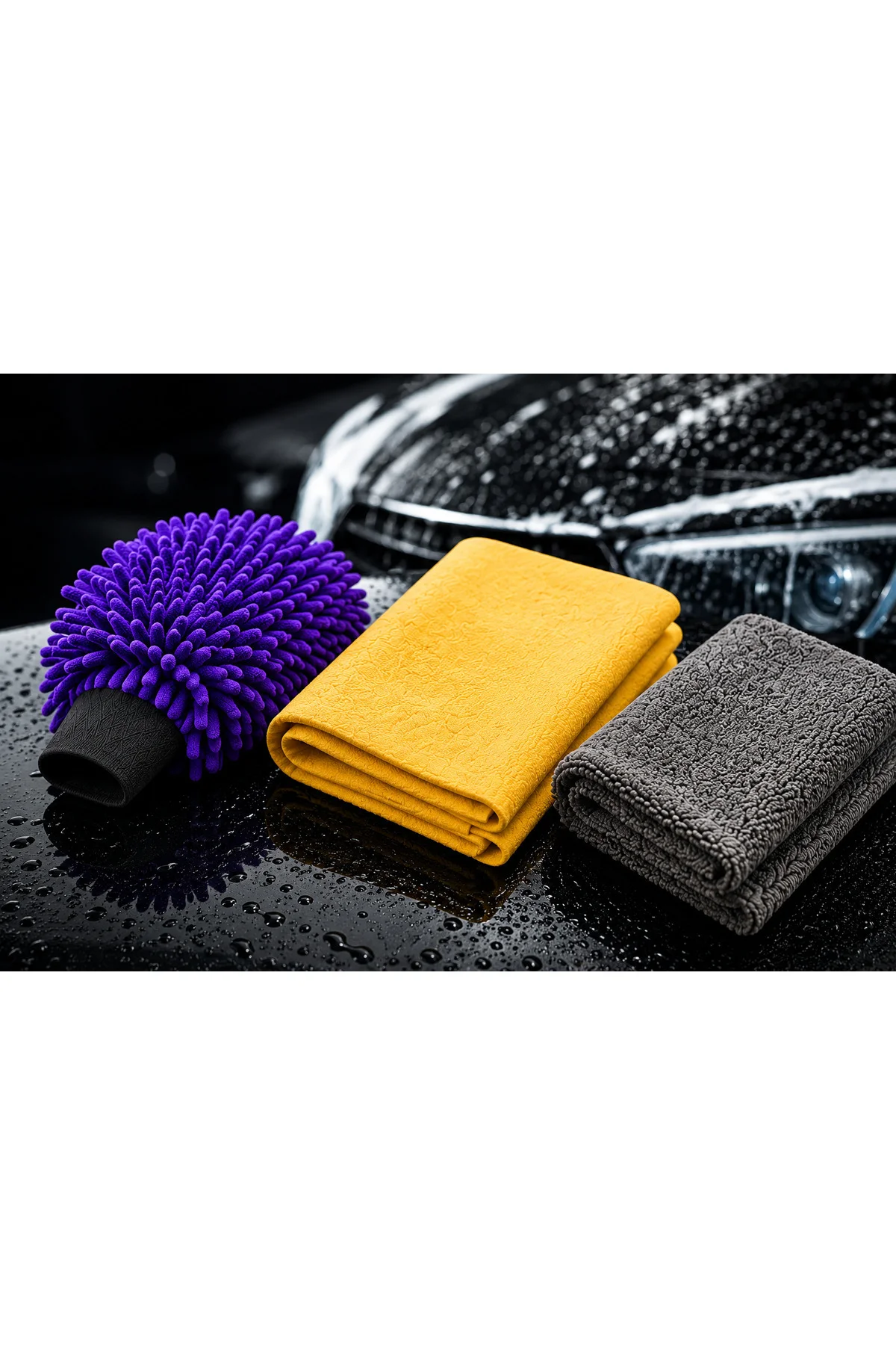3’lü Profesyonel Oto Temizlik Seti Mikrofiber Eldiven + Güderi Bez + Tank Oto Bezi - Muggio Görsel 2
