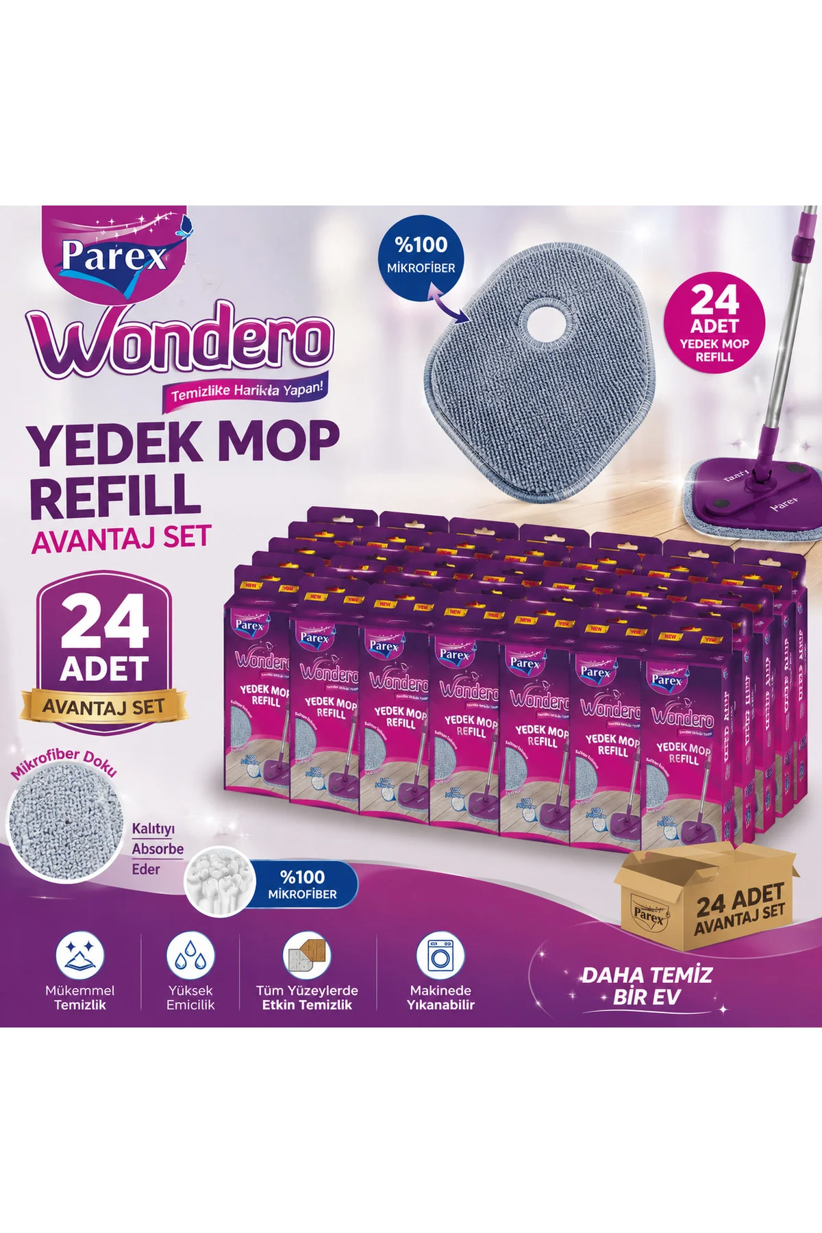 Wondero Yedek Mop Refill 24 Adet Avantajlı Set %100 Mikrofiber