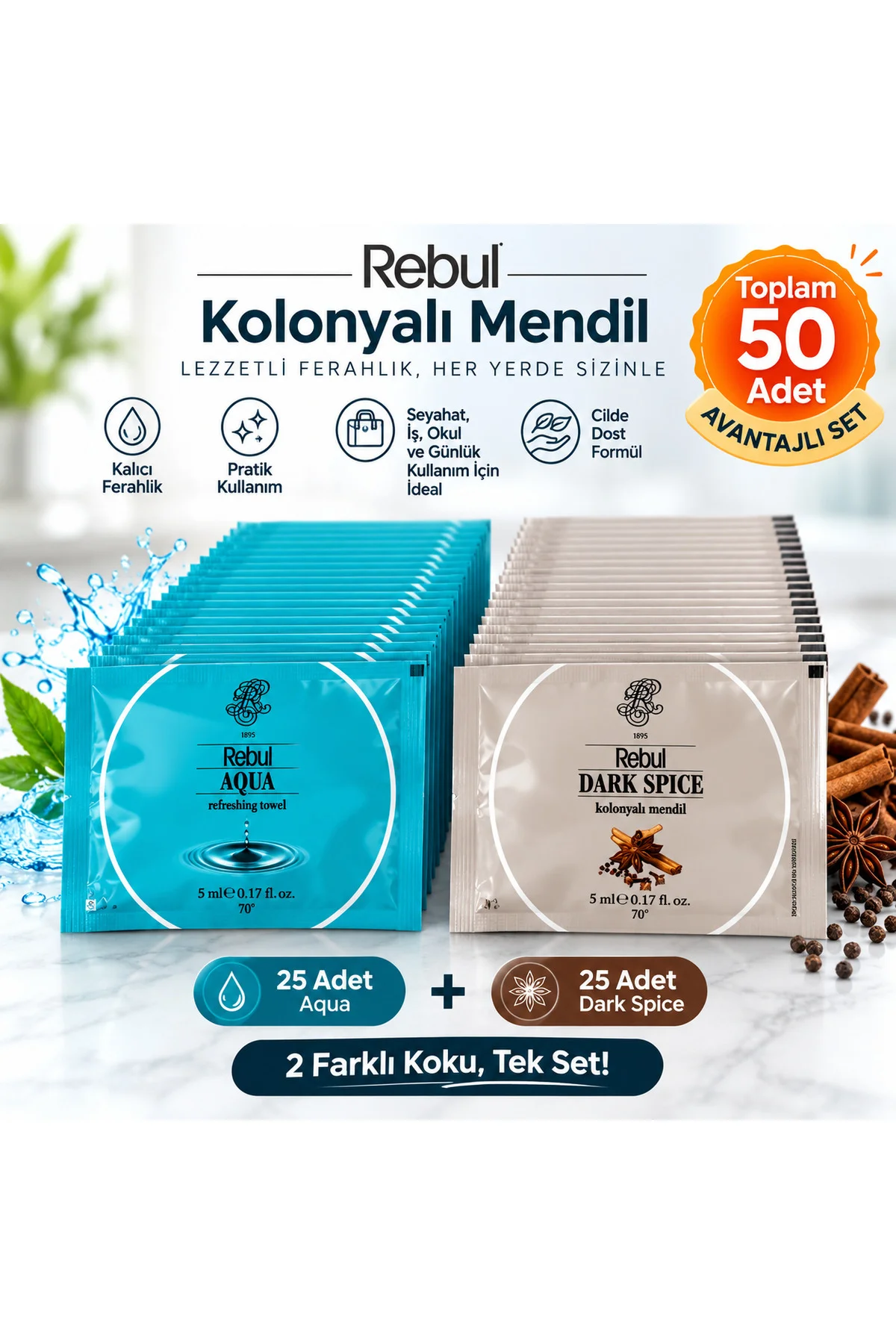 50 Adet Kolonyalı Mendil Seti 25 Aqua 25 Dark Spice Tek Tek Paketli 5 ml