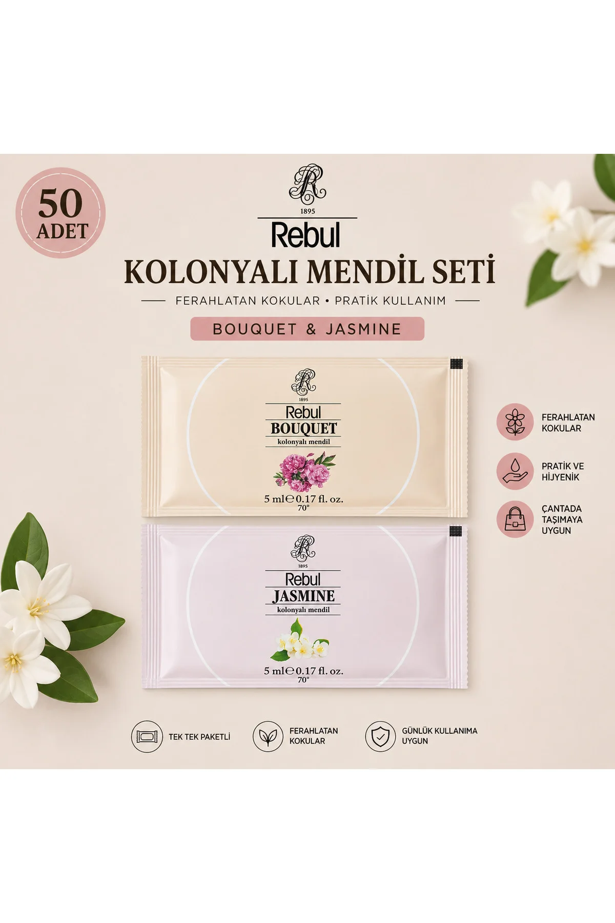 50 Adet Kolonyalı Mendil Seti 25 Bouquet 25 Jasmine Tek Tek Paketli 5 ml