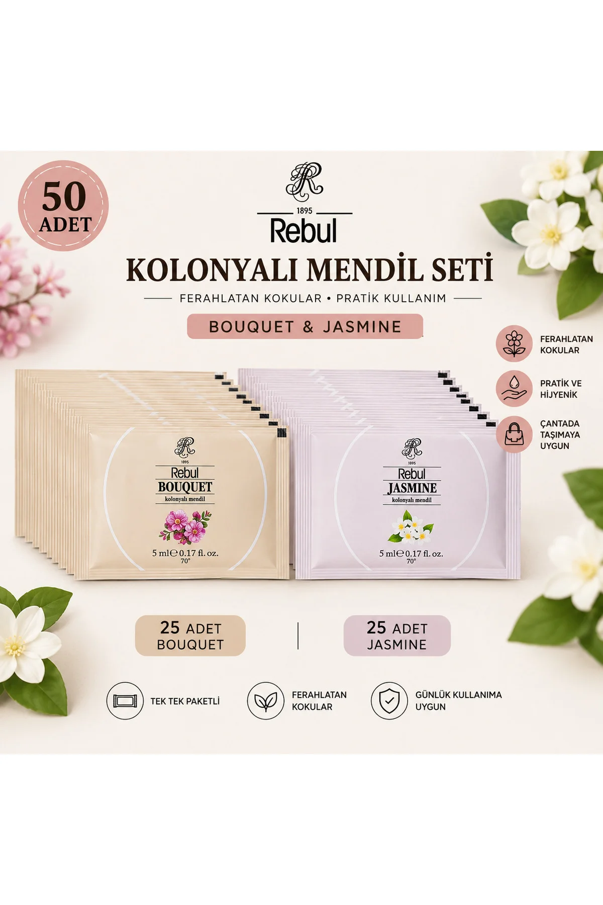 50 Adet Kolonyalı Mendil Seti 25 Bouquet 25 Jasmine Tek Tek Paketli 5 ml - Rebul Görsel 2