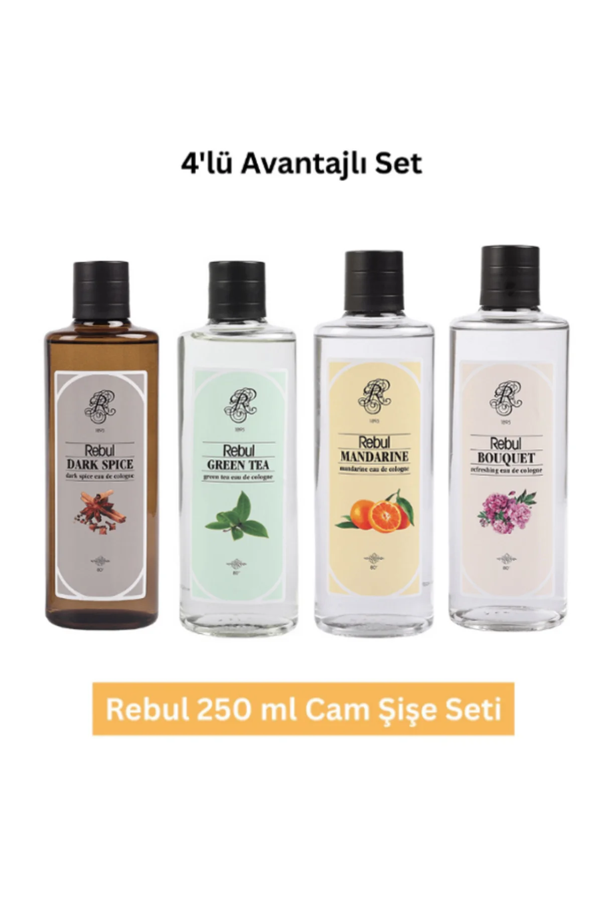 250 ml Cam Şişe Kolonya Seti – Dark Spice, Green Tea, Mandarine, Bouquet