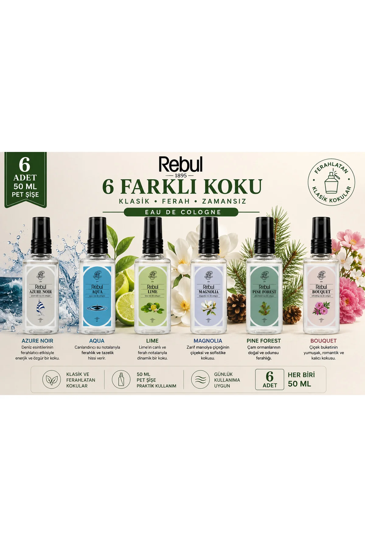 6'lı Avantaj Kolonya Seti 50 ml Pet Şişe Aqua Lime Magnolia Bouquet Pine Forest Azure Noir