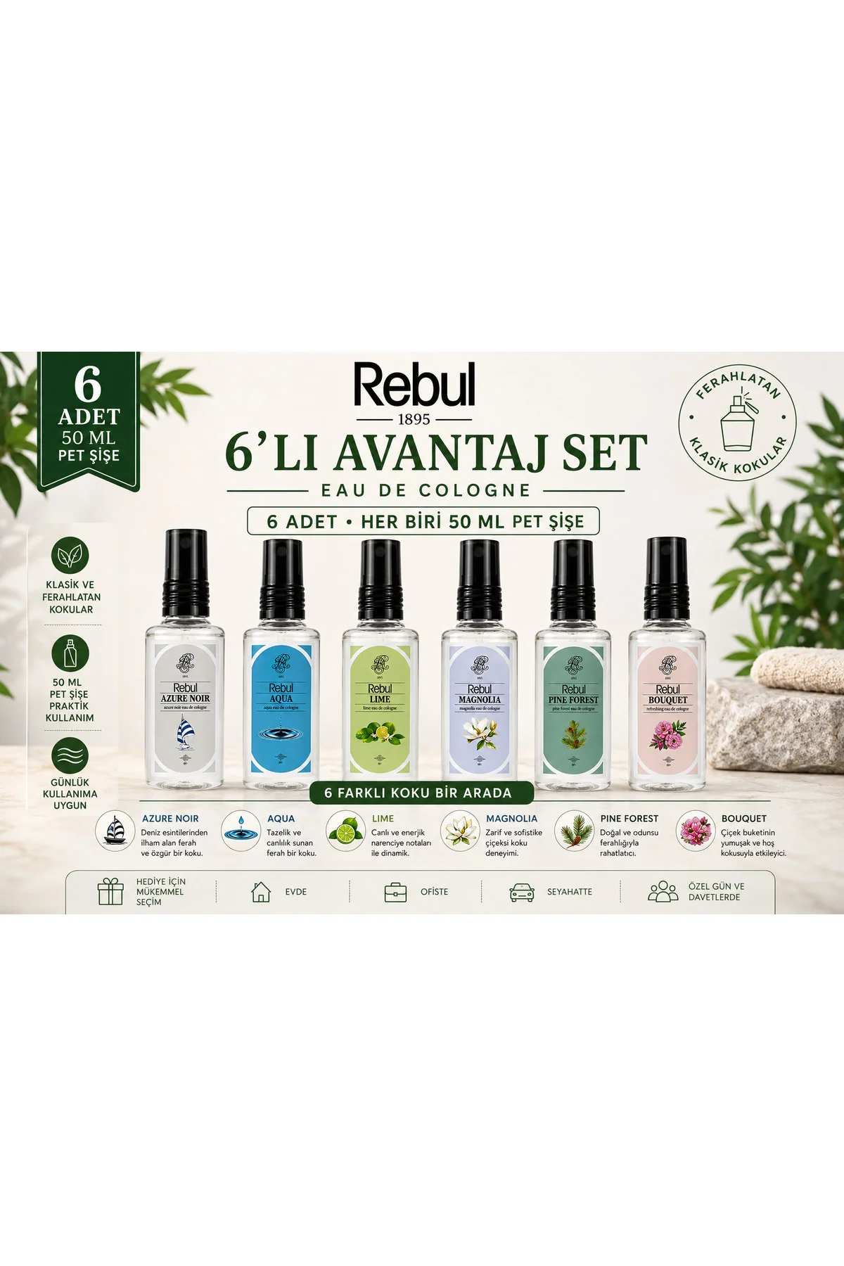 6'lı Avantaj Kolonya Seti 50 ml Pet Şişe Aqua Lime Magnolia Bouquet Pine Forest Azure Noir - Rebul Görsel 2