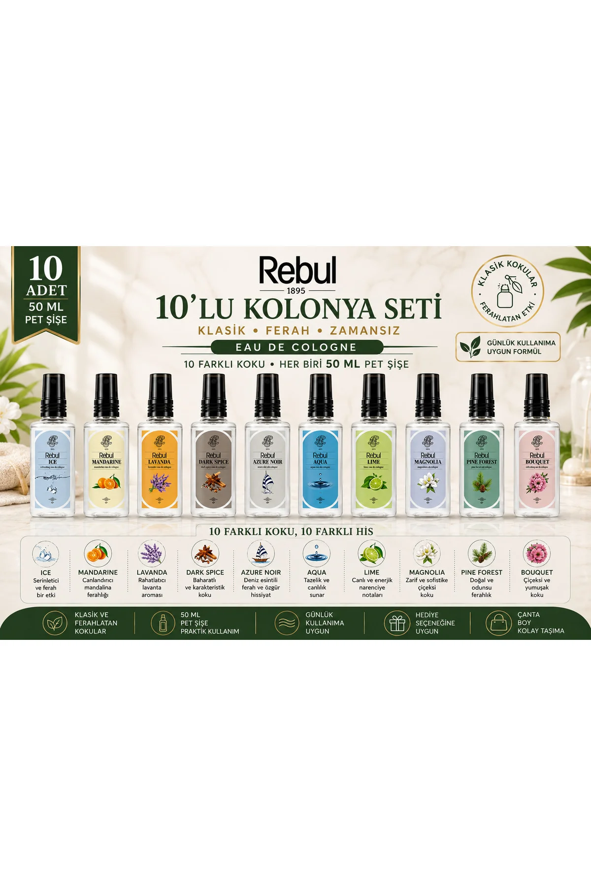 10'lu 50 ml Sprey Kolonya Seti Pet Şişe 10 Farklı Koku Ferahlatıcı Avantaj Paketi - Rebul Görsel 2
