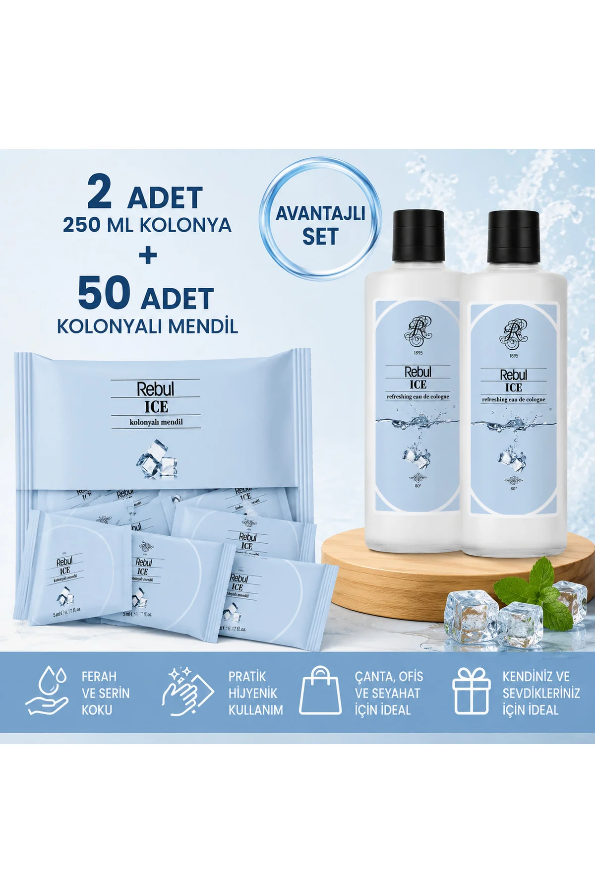 Ice 2x250 ml Cam Şişe Ice Kolonya + 50 Adet Kolonyalı Mendil Avantajlı Hijyen Seti