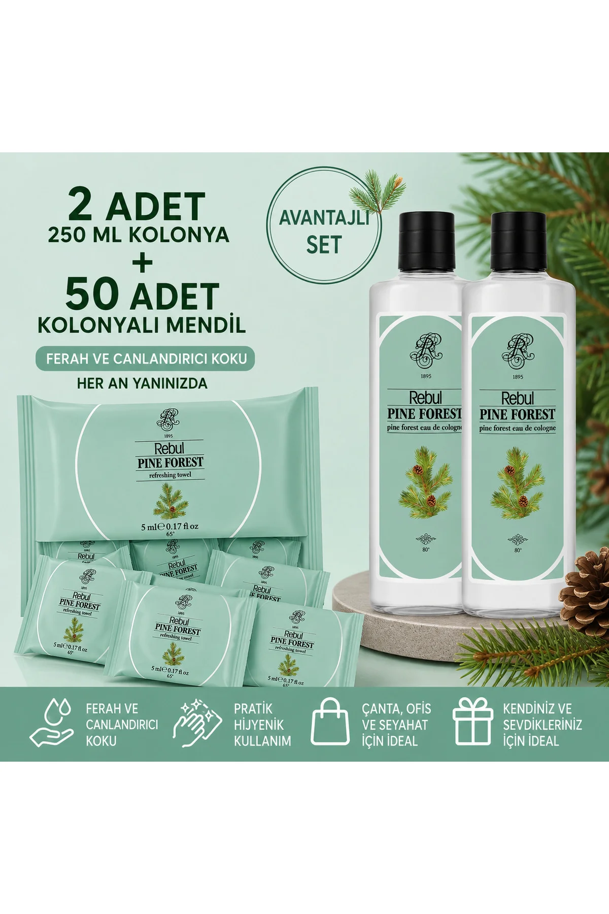 Pine Forest 2x250 ml Cam Şişeli Kolonya + 50 Adet Pine Forest Kolonyalı Mendil Seti
