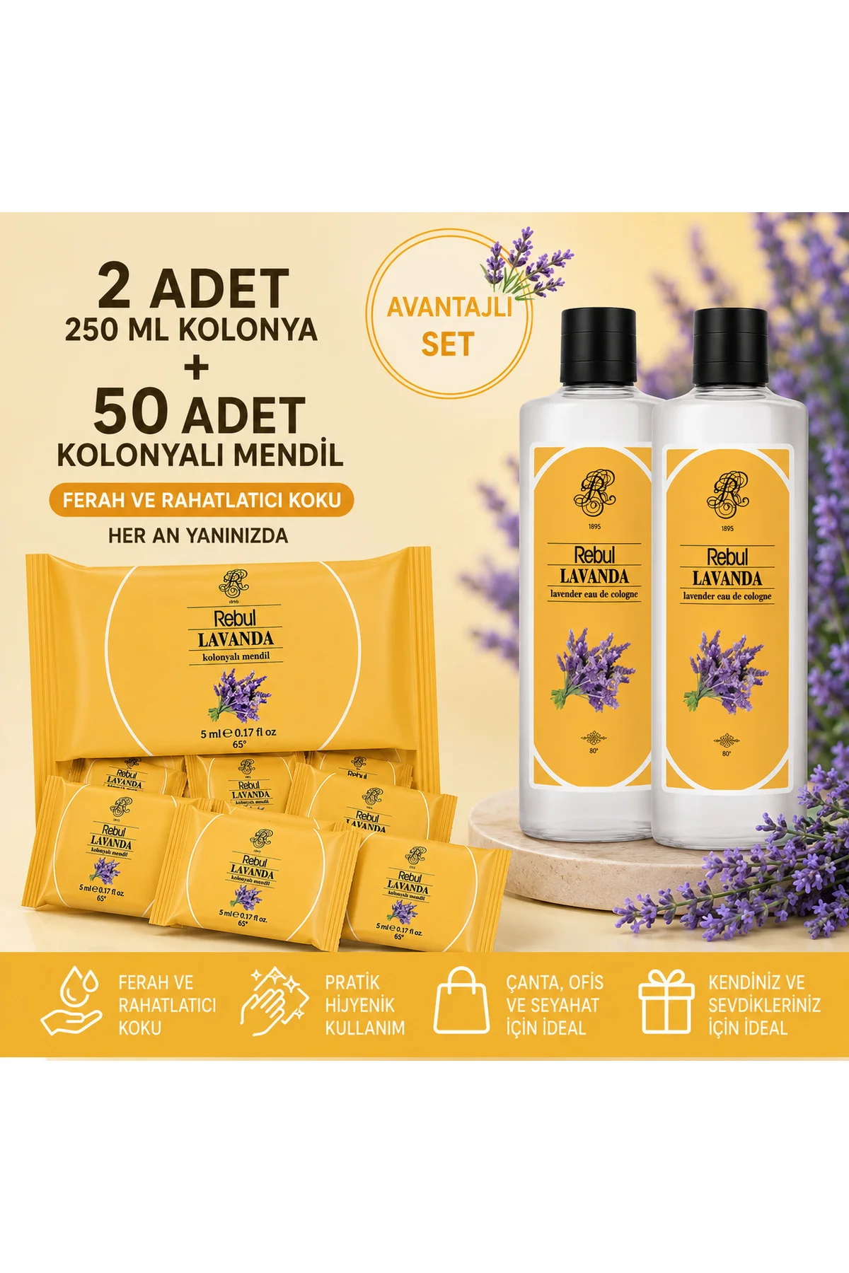 Lavanda 2x250 ml Cam Şişeli Kolonya + 50 Adet Lavanda Kolonyalı Mendil Avantajlı Set