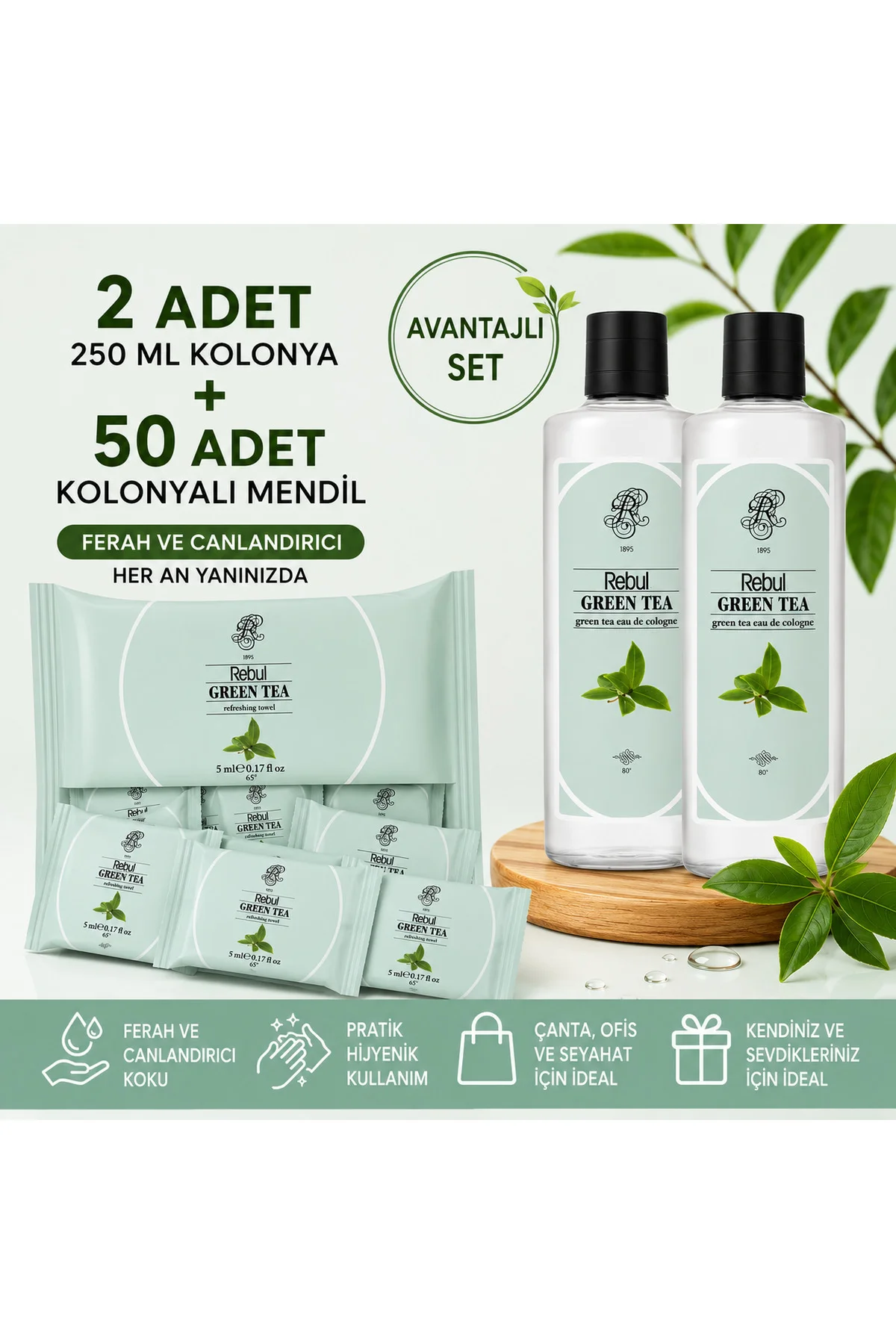 Green Tea 2x250 ml Cam Şişeli Kolonya + 50 Adet Green Tea Kolonyalı Mendil Seti