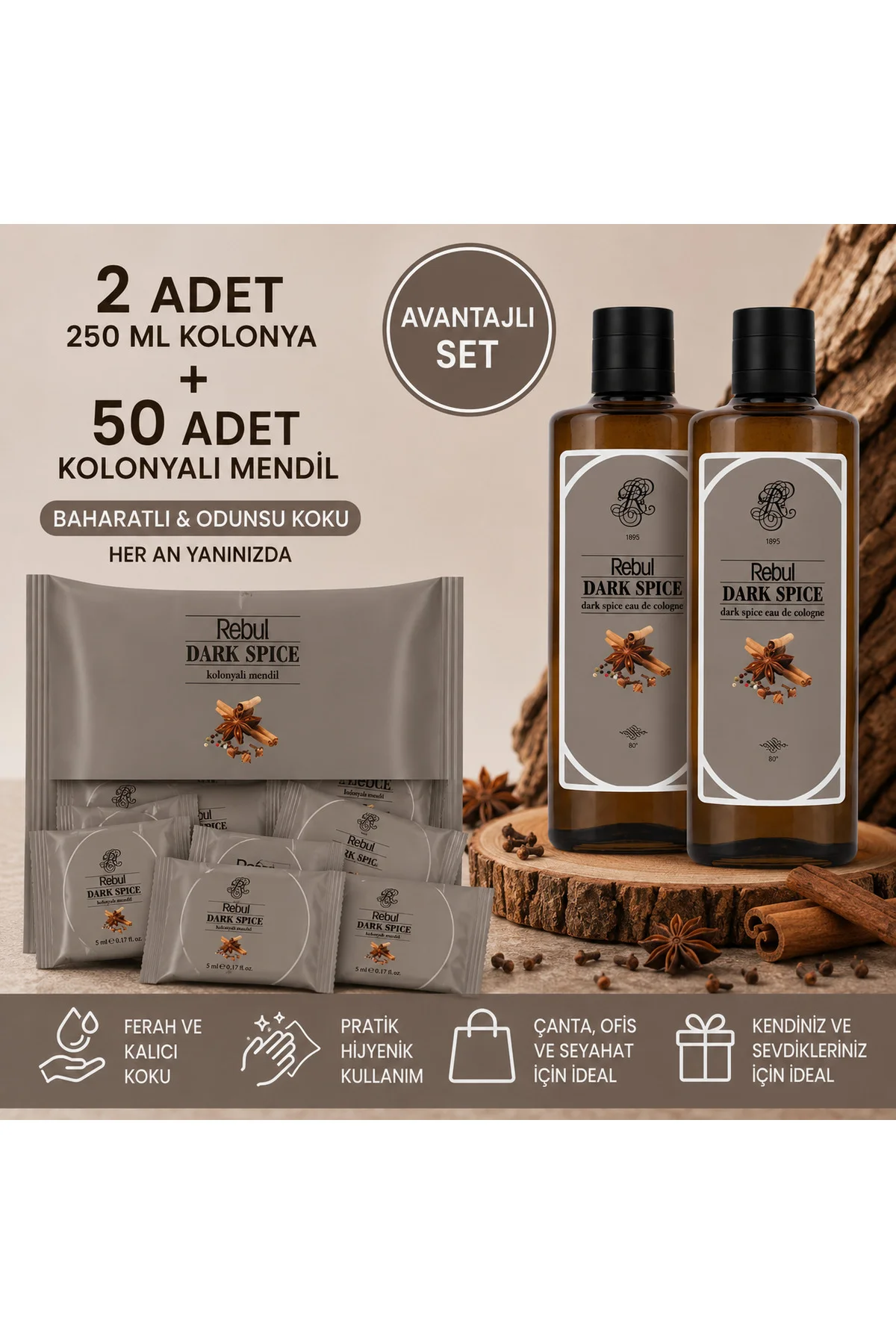 Dark Spice 2x250 ml Cam Şişeli Kolonya + 50 Adet Dark Spice Kolonyalı Mendil Seti