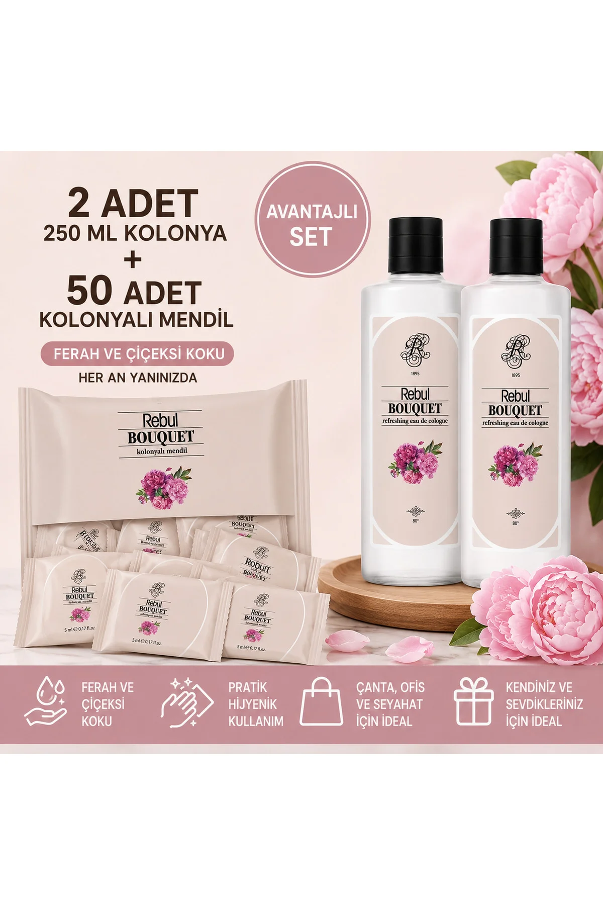 Bouquet 2x250 ml Cam Şişeli Kolonya + 50 Adet Bouquet Kolonyalı Mendil Avantajlı Set