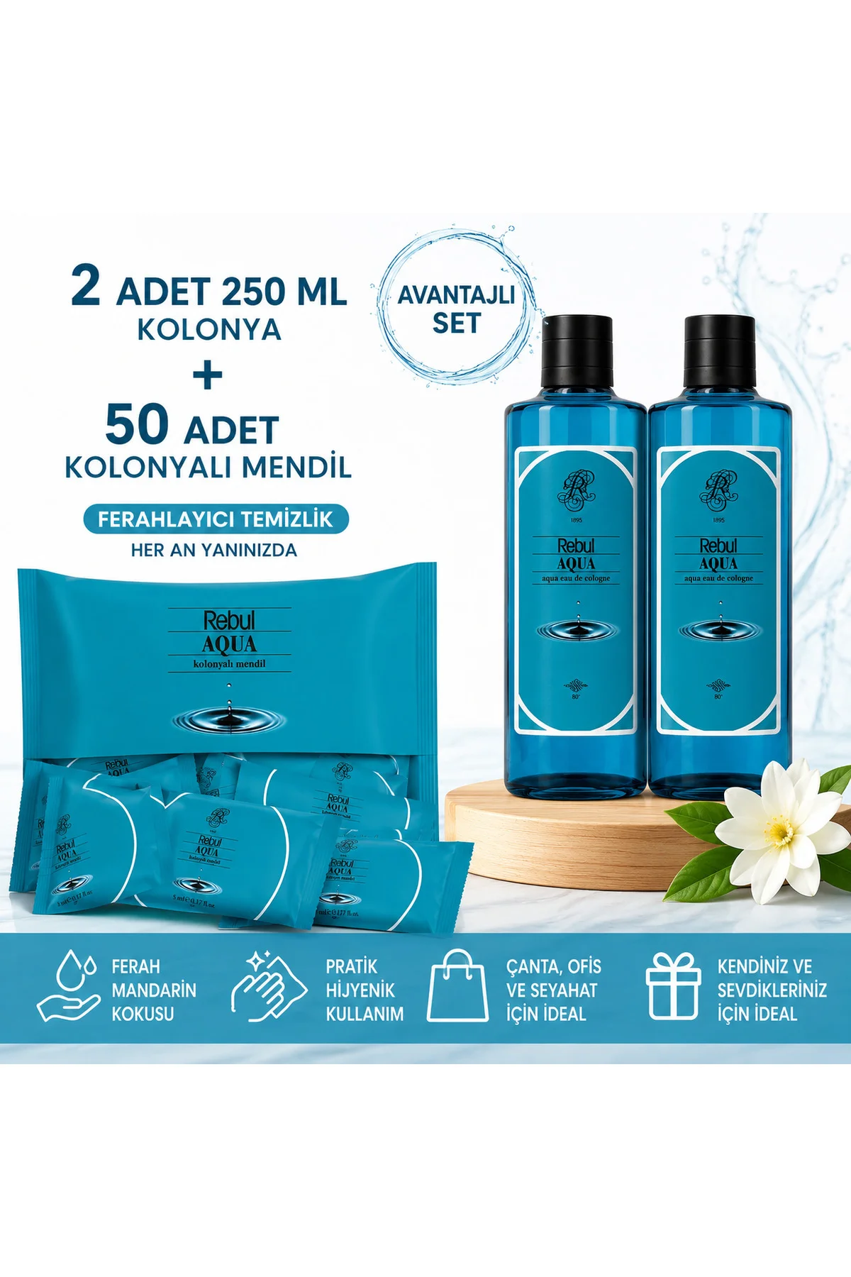 Aqua 2x250 ml Cam Şişe Kolonya + 50 Adet Kolonyalı Mendil Avantajlı Hijyen Seti