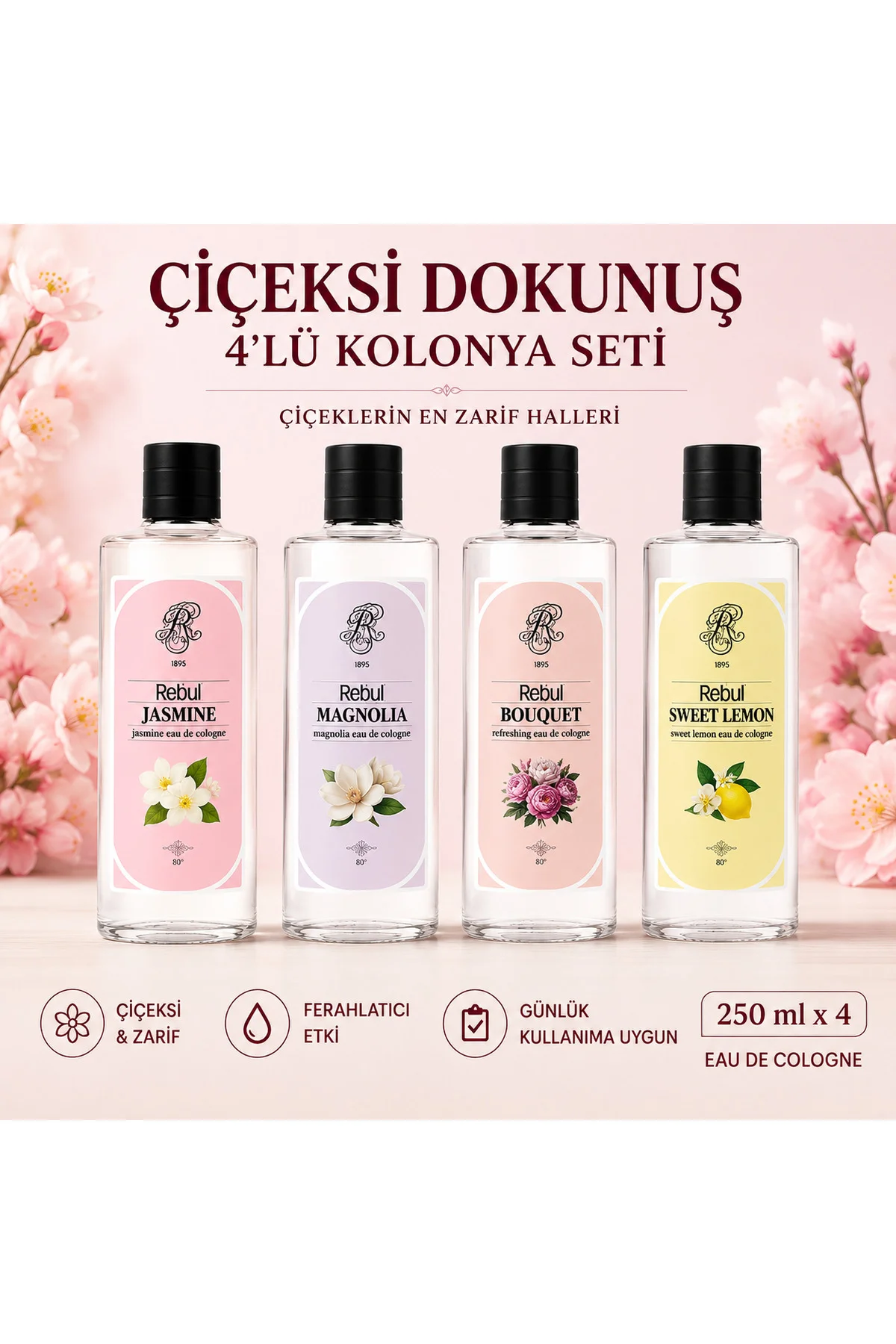 Çiçeksi 4’lü Cam Şişe Kolonya Seti 250 ml | Jasmine, Magnolia, Bouquet, Sweet Lemon