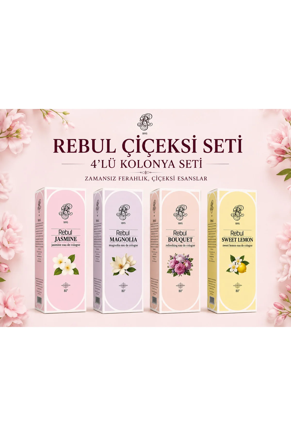 Çiçeksi 4’lü Cam Şişe Kolonya Seti 250 ml | Jasmine, Magnolia, Bouquet, Sweet Lemon - Rebul Görsel 2