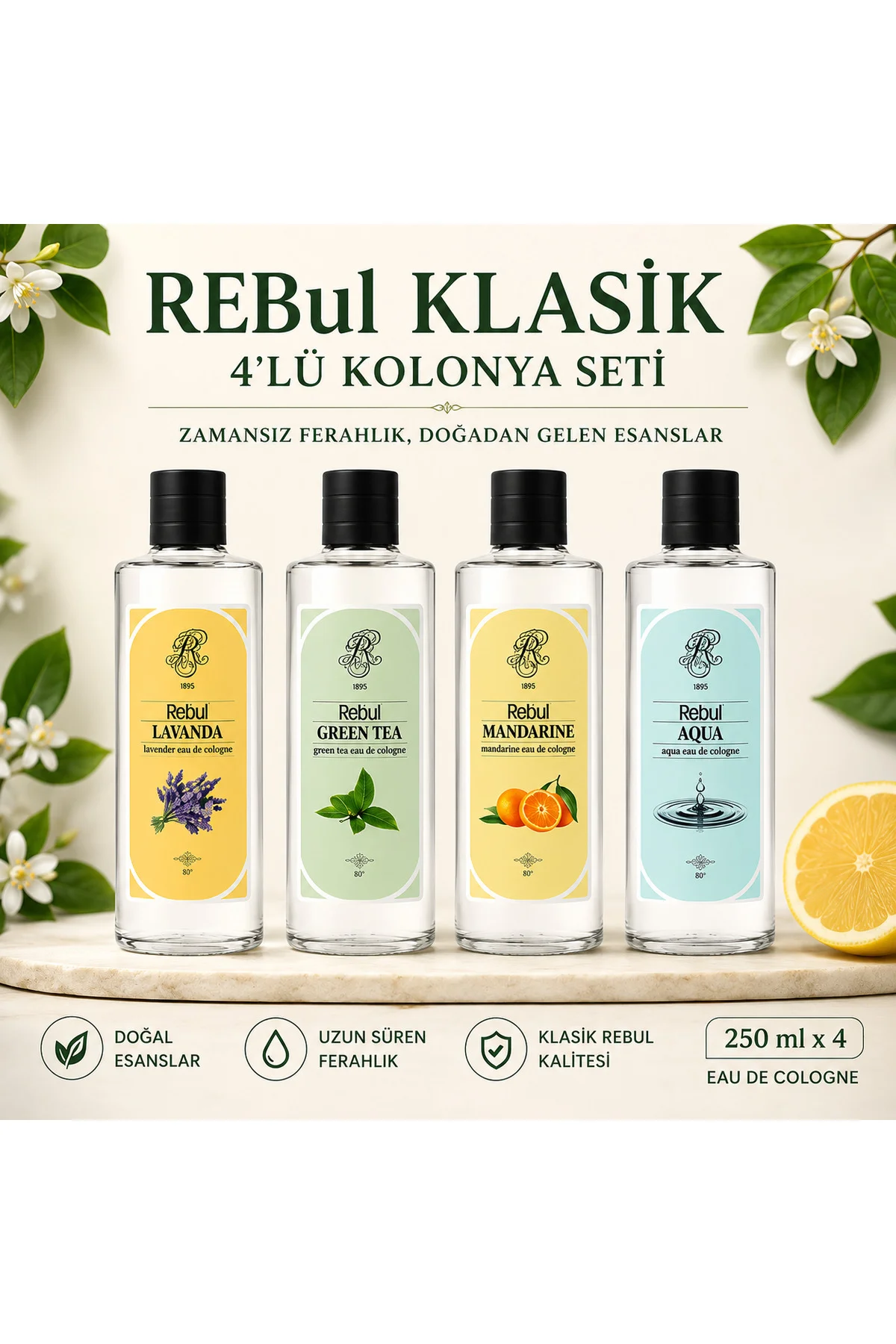 4’lü Cam Şişe Kolonya Seti 250 ml | Lavanda, Green Tea, Mandarine, Aqua