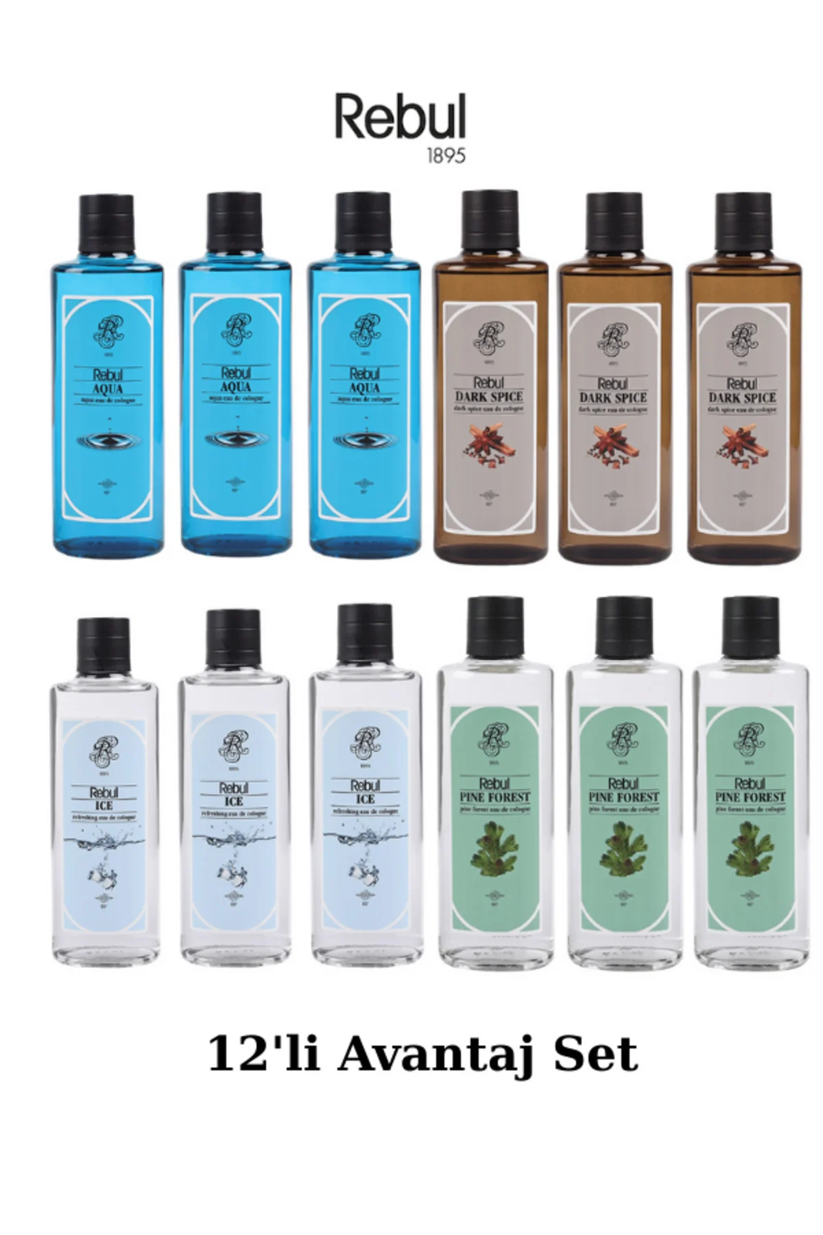 250 ml Cam Kolonya 12’li Set Aqua - DarkSpıce - Ice - Pine Forest - Rebul Görsel 2