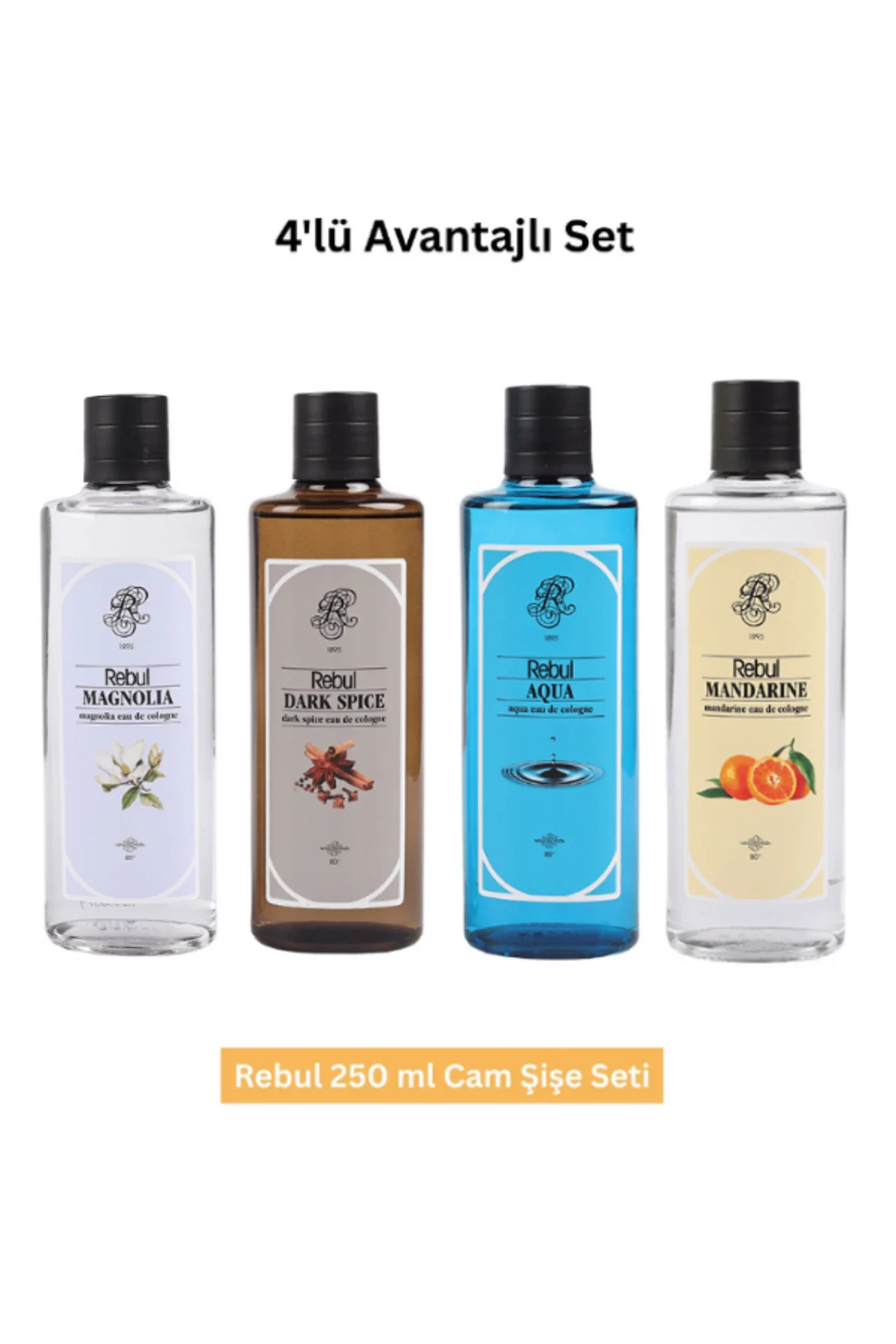 250 ml Cam Şişeli Kolonya Seti Magnolia - DarkSpice - Aqua - Mandarine