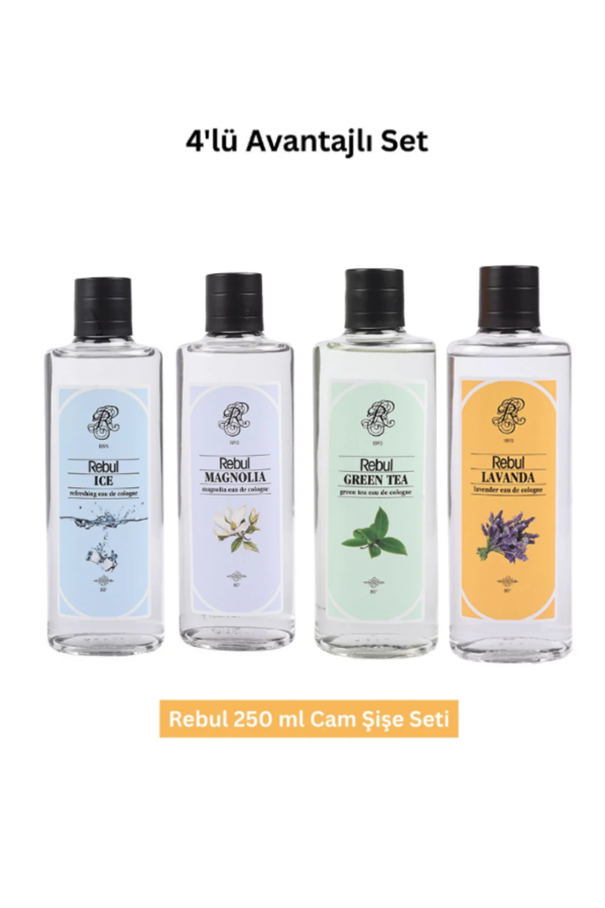 250 ml Cam Şişe Kolonya Seti – Ice, Magnolia, GreenTea, Lavanta