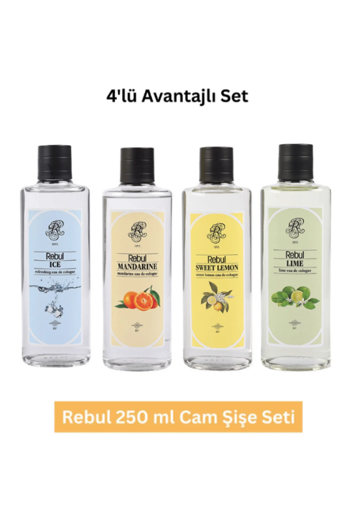 250 ml Cam Şişe Kolonya Seti – Ice, Mandarine, Sweet Lemon, Lime