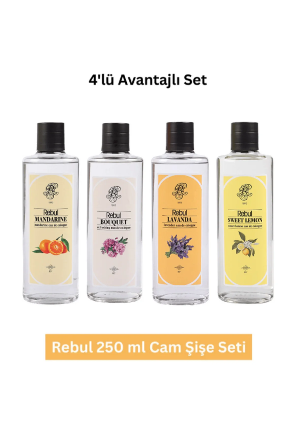 250 ml Cam Şişe Kolonya Seti – Bouquet, Mandarine, Lavanda, Sweet Lemon
