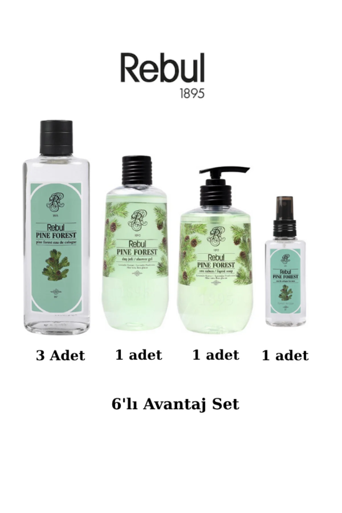 Pine Forest 6’lı Set: 3x250ml Cam Şişeli Kolonya, 500ml Duş Jeli, 500ml Sıvı Sabun, 125ml Sprey Pet - Rebul Görsel 2