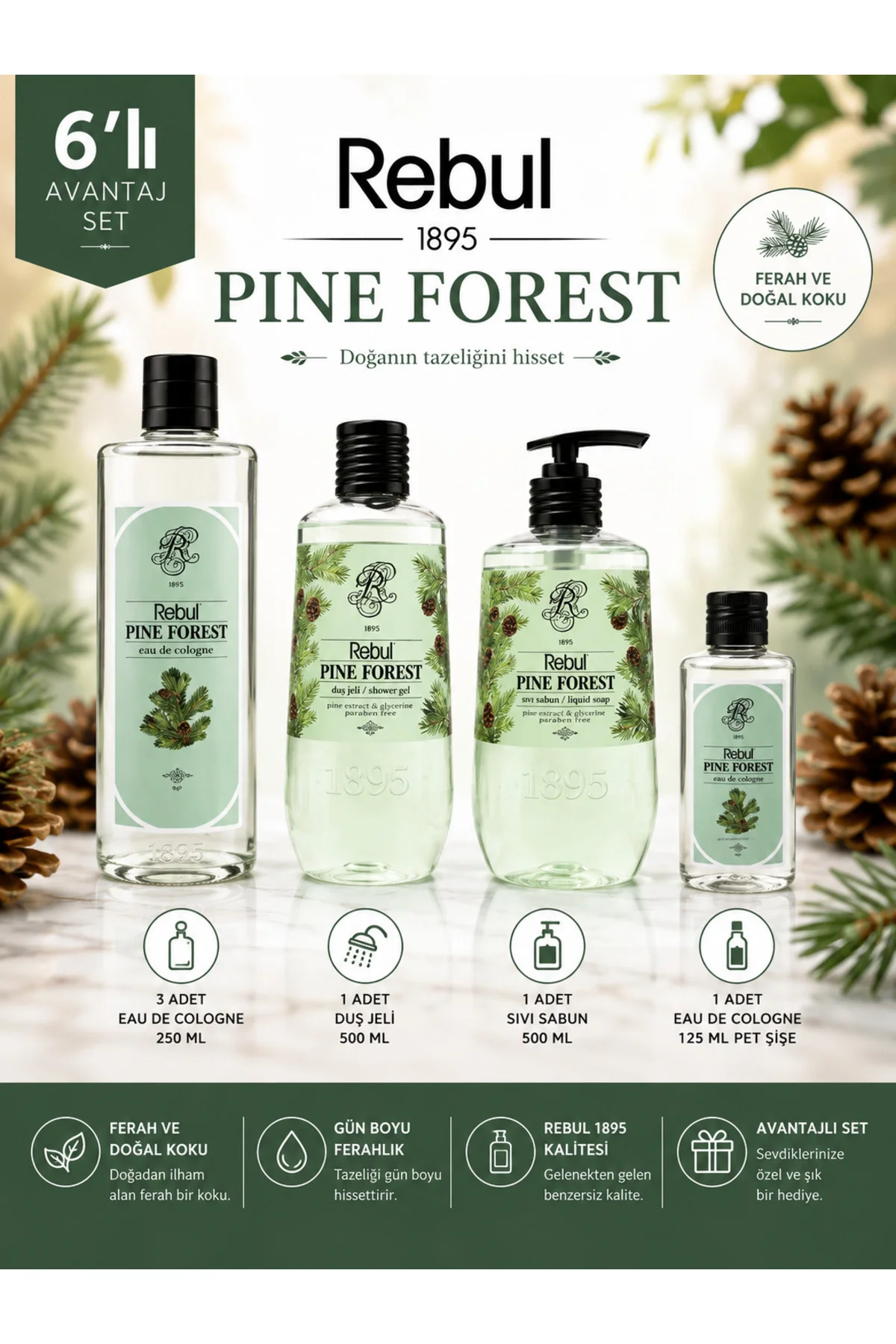 Pine Forest 6’lı Set: 3x250ml Cam Şişeli Kolonya, 500ml Duş Jeli, 500ml Sıvı Sabun, 125ml Sprey Pet