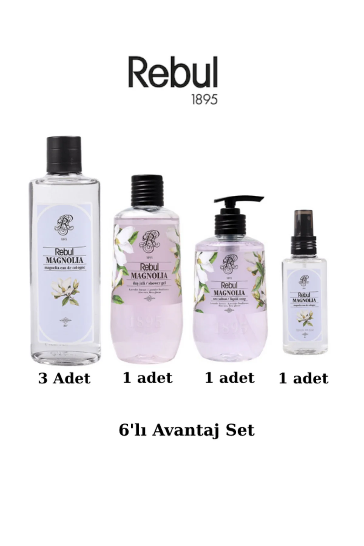 Magnolia 6’lı Set: 3x250ml Cam Şişeli Kolonya, 500ml Duş Jeli, 500ml Sıvı Sabun, 125ml Sprey Pet - Rebul Görsel 2