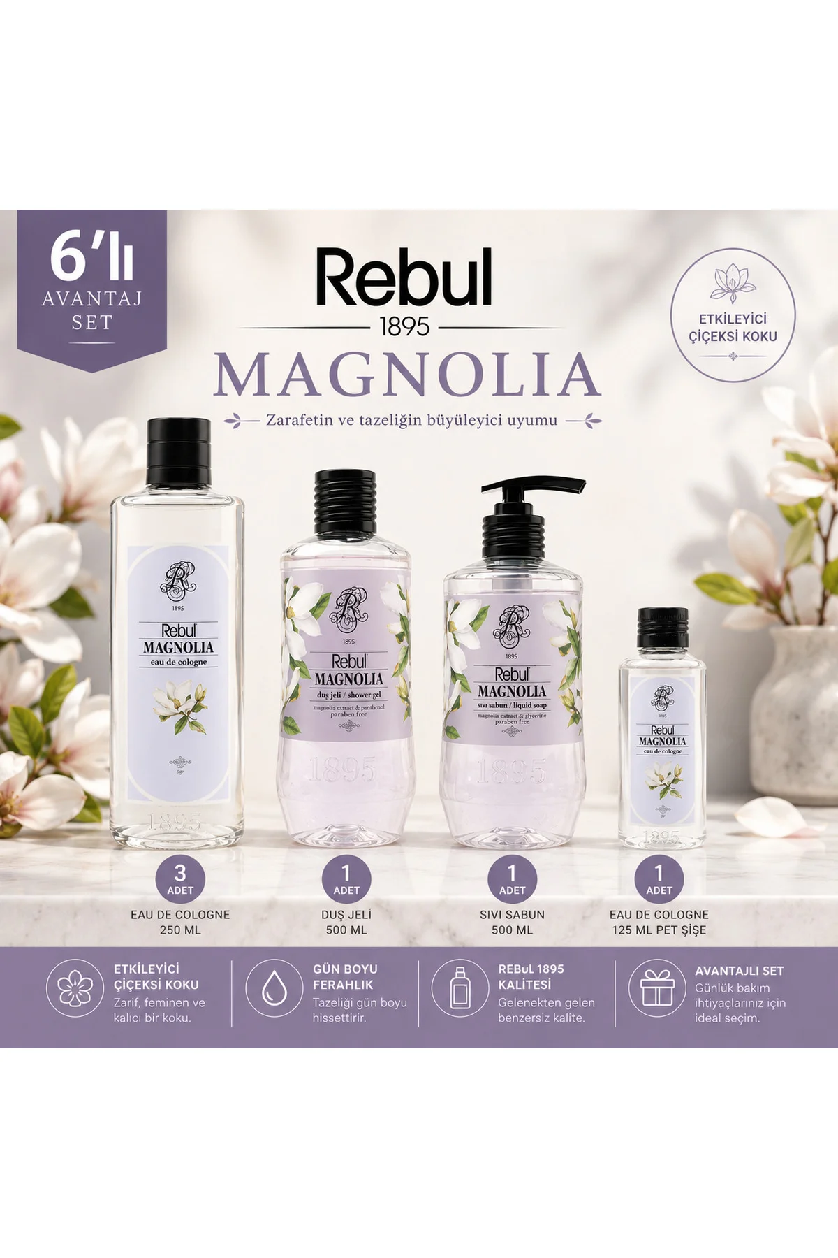 Magnolia 6’lı Set: 3x250ml Cam Şişeli Kolonya, 500ml Duş Jeli, 500ml Sıvı Sabun, 125ml Sprey Pet