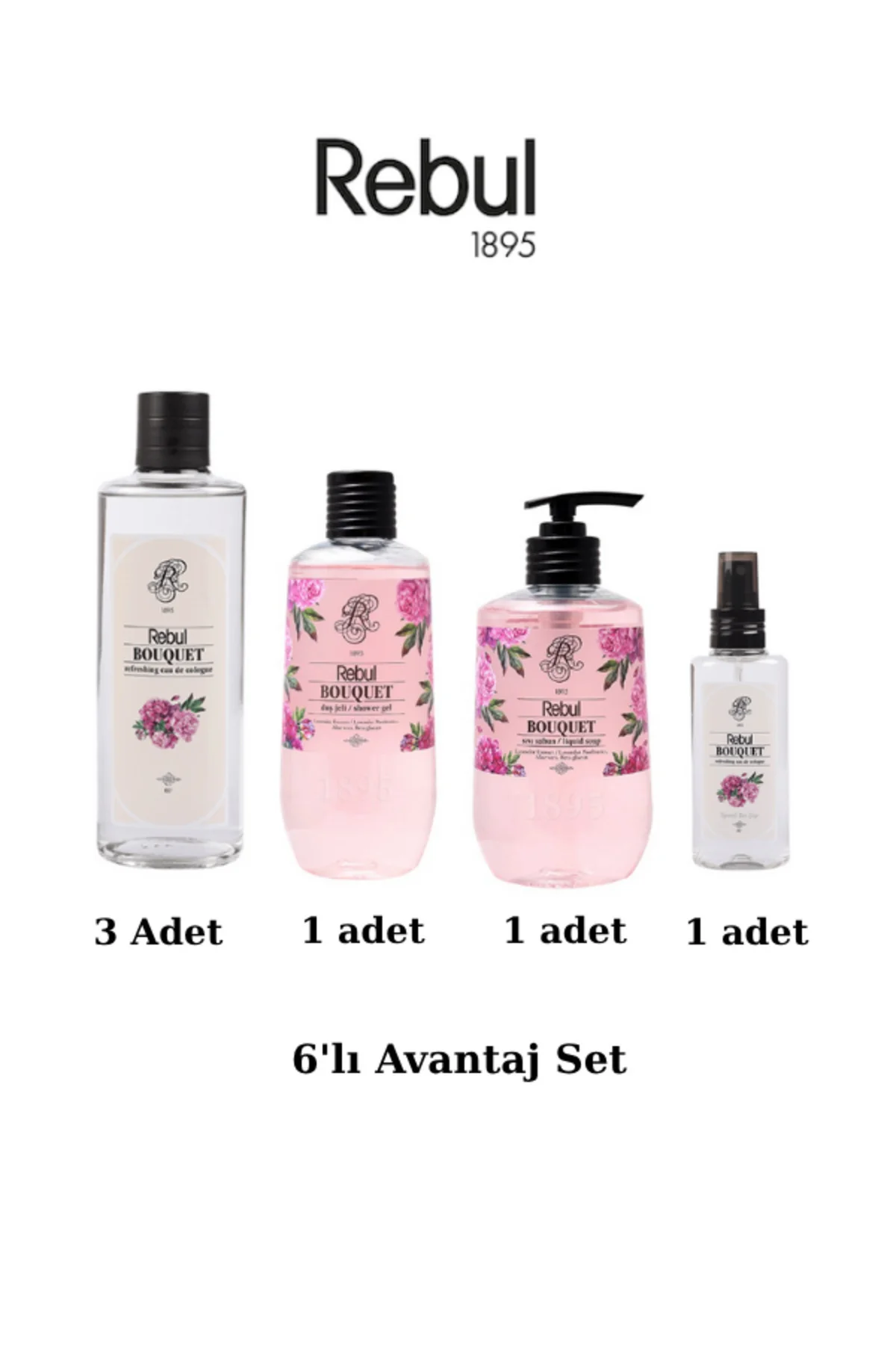 Bouquet 6’lı Set: 3x250ml Cam Şişeli Kolonya, 500ml Duş Jeli, 500ml Sıvı Sabun, 125ml Sprey Pet