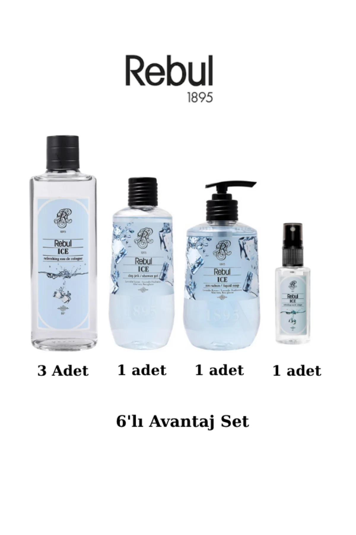 Ice (Buz) 6’lı Set: 3x250ml Cam Şişeli Kolonya, 500ml Duş Jeli, 500ml Sıvı Sabun, 125ml Sprey Pet - Rebul Görsel 2