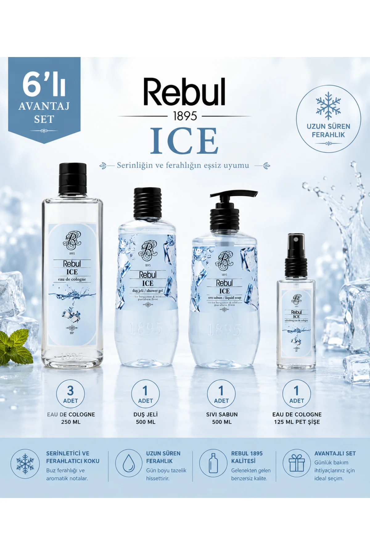 Ice (Buz) 6’lı Set: 3x250ml Cam Şişeli Kolonya, 500ml Duş Jeli, 500ml Sıvı Sabun, 125ml Sprey Pet