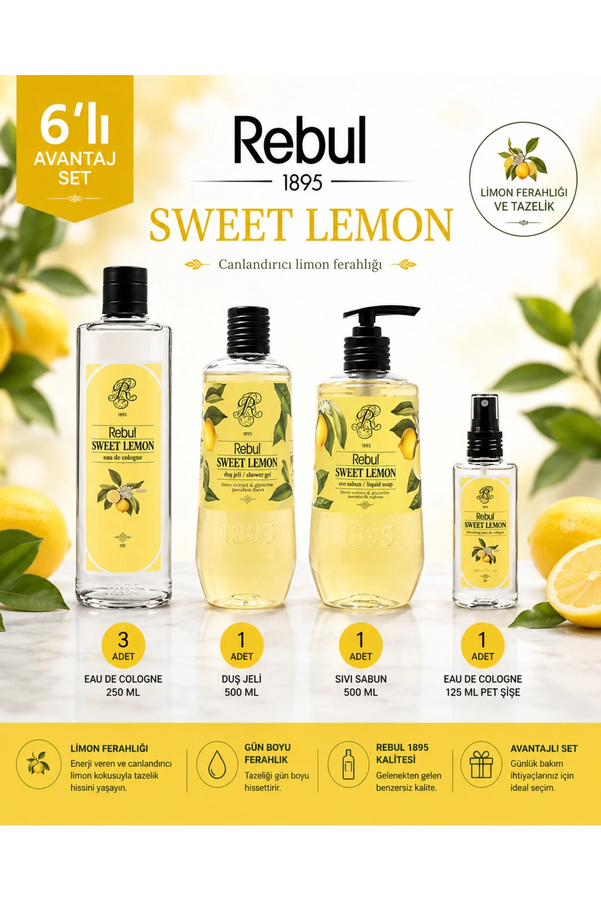 Sweet Lemon 6’lı Set: 3x250ml Cam Şişeli Kolonya, 500ml Duş Jeli, 500ml Sıvı Sabun, 125ml Sprey Pet