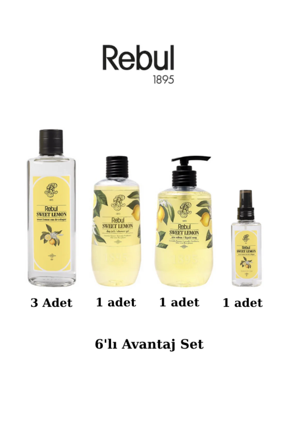 Sweet Lemon 6’lı Set: 3x250ml Cam Şişeli Kolonya, 500ml Duş Jeli, 500ml Sıvı Sabun, 125ml Sprey Pet - Rebul Görsel 2