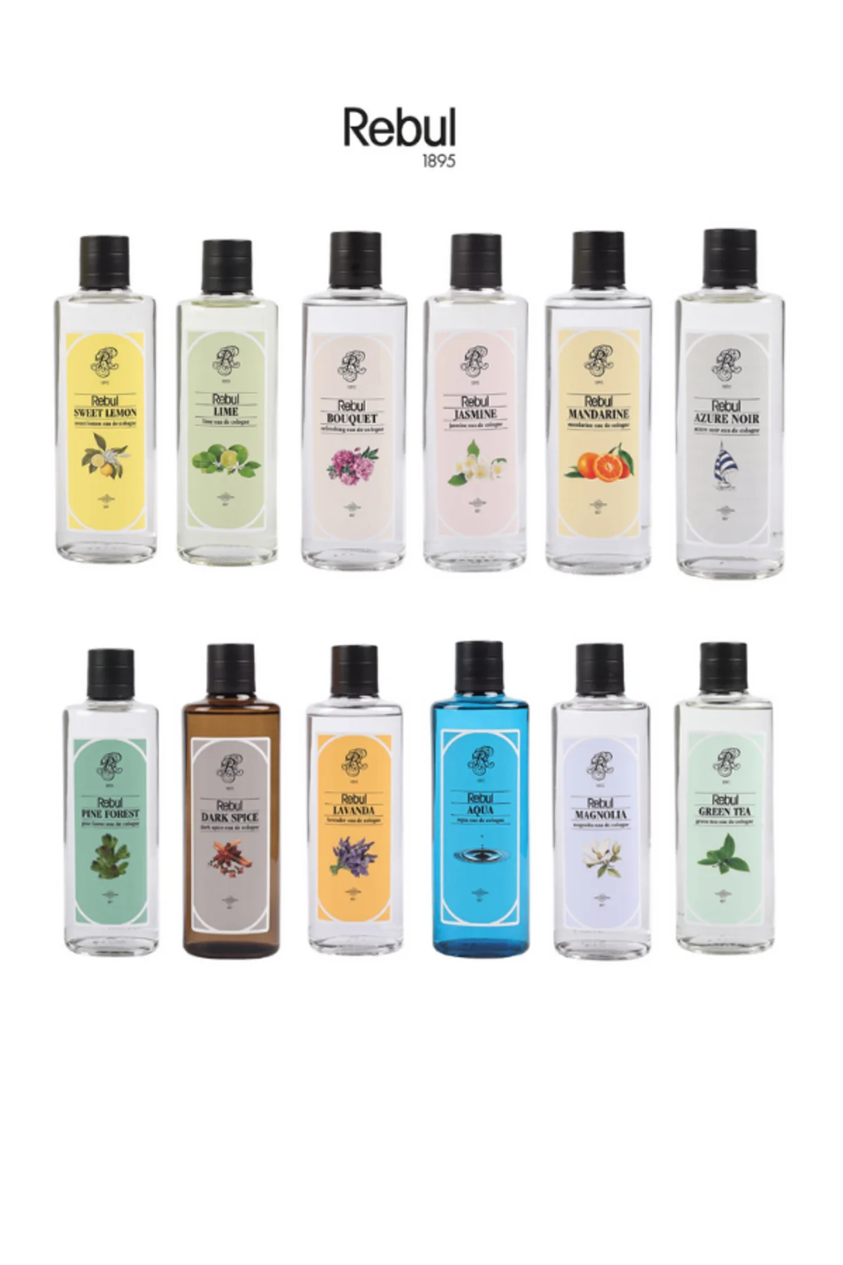 250 ml Cam Kolonya 12’li Set | Sweet Lemon, Lime, Jasmine, Pine, Dark Spice, Aqua, Green Tea +5 - Rebul Görsel 2
