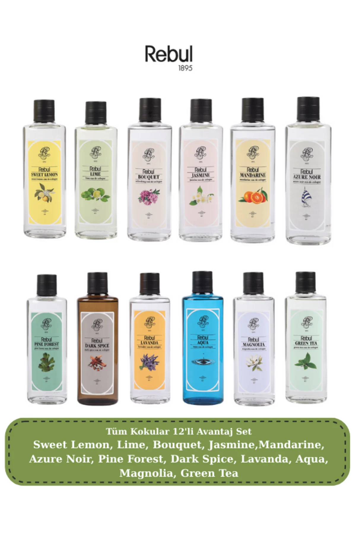 250 ml Cam Kolonya 12’li Set | Sweet Lemon, Lime, Jasmine, Pine, Dark Spice, Aqua, Green Tea +5