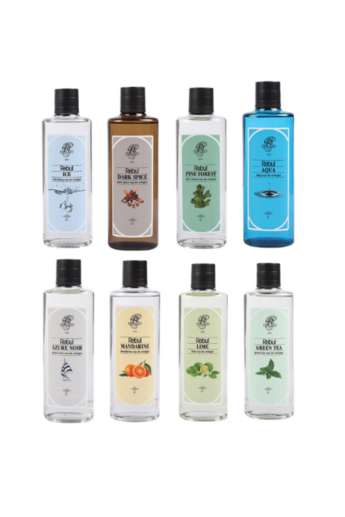 8x250 ml Cam Kolonya Seti | Ice, Dark Spice, Pine, Aqua, Azure Noir, Mandarine, Lime, Green Tea - Rebul Görsel 2