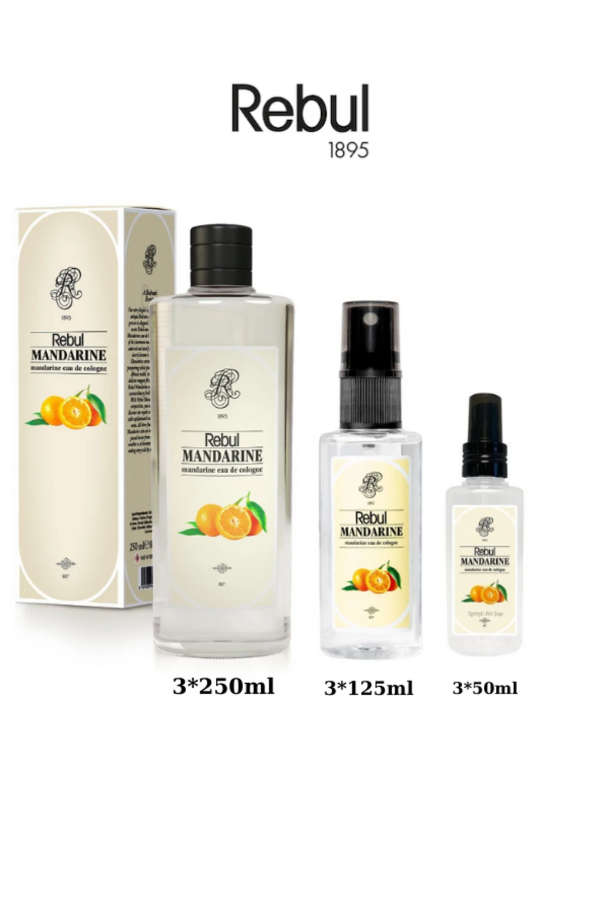 Mandarine (Mandalina) Edc Kolonya 250ml Cam Şişeli, 125ml - 50ml Pet Sprey Şişeli 3'lü Set (9 ürün)