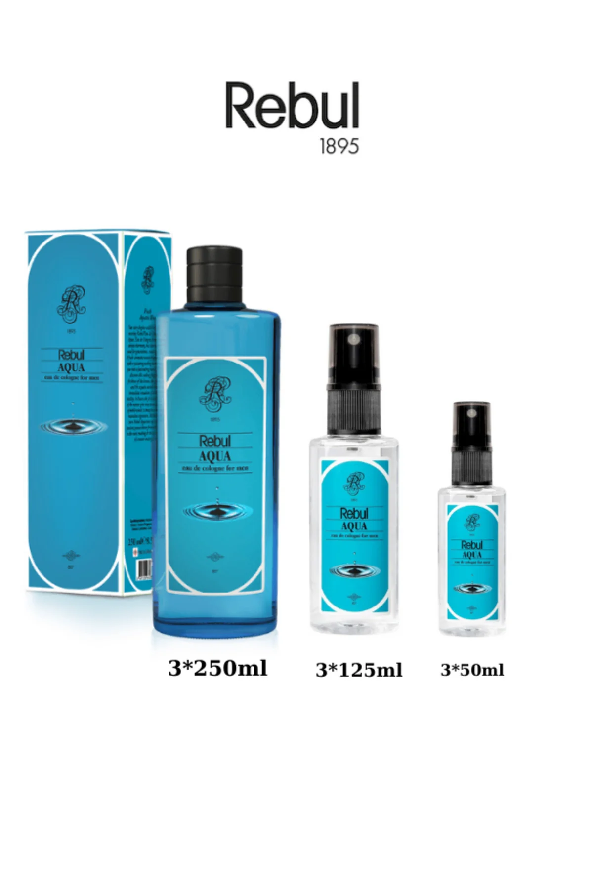 Aqua Edc Kolonya 250ml Cam Şişeli, 125ml - 50ml Pet Sprey Şişeli 3'lü Set (9 ürün)