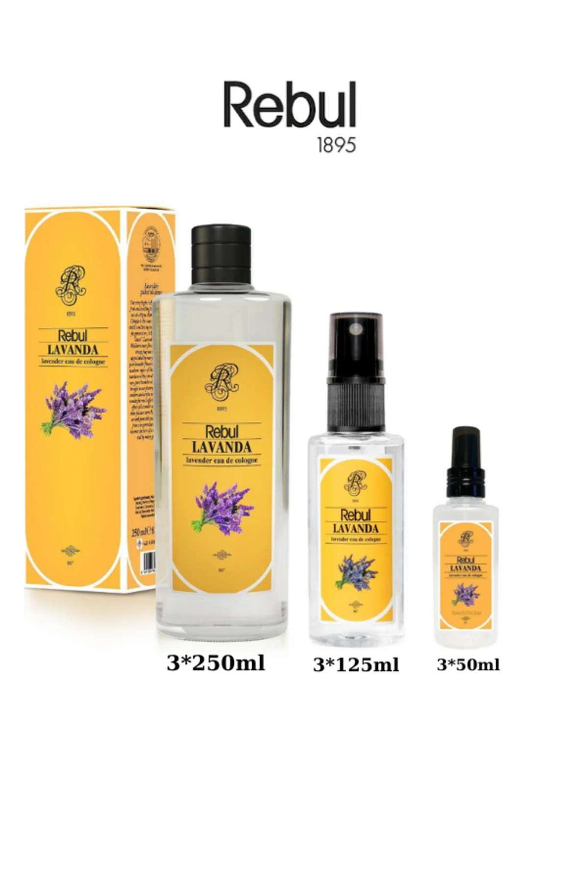 Lavanda (Lavanta) Edc Kolonya 250ml Cam Şişeli, 125ml - 50ml Pet Sprey Şişeli 3'lü Set (9 ürün)
