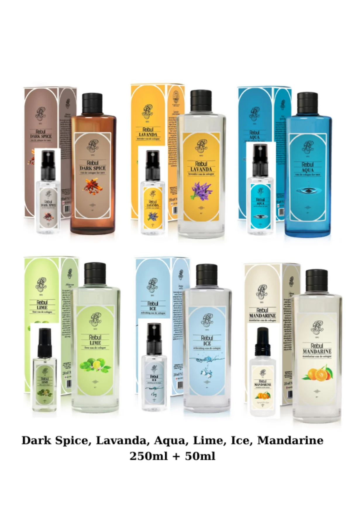 DarkSpice, Lavanda, Aqua, Lime, Ice, Mandarine Cam Şişe 250ml + Sprey Pet Şişe 50ml 6'lı Kolonya