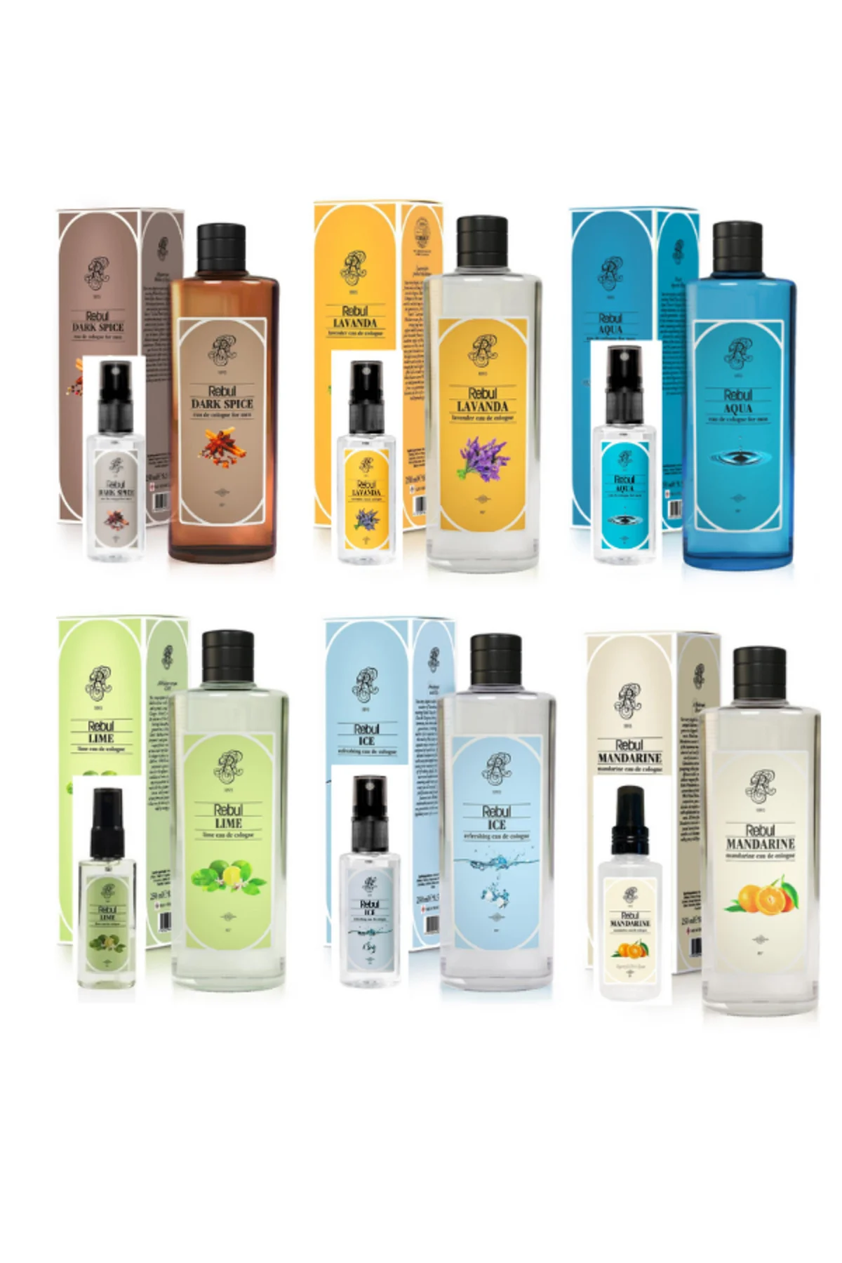DarkSpice, Lavanda, Aqua, Lime, Ice, Mandarine Cam Şişe 250ml + Sprey Pet Şişe 50ml 6'lı Kolonya - Rebul Görsel 3
