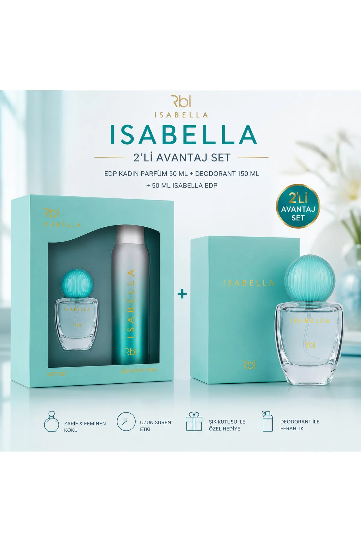 Isabella Kadın Parfümü 2x50 ml EDP + 150 ml Deodorant Seti