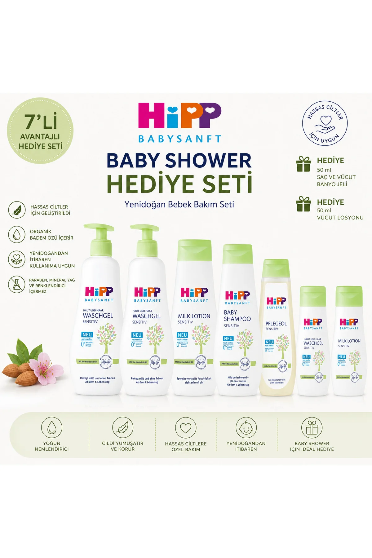 Babysanft Baby Shower Yenidoğan Bebek Bakım Hediye Seti 7'li Organik Badem Özlü