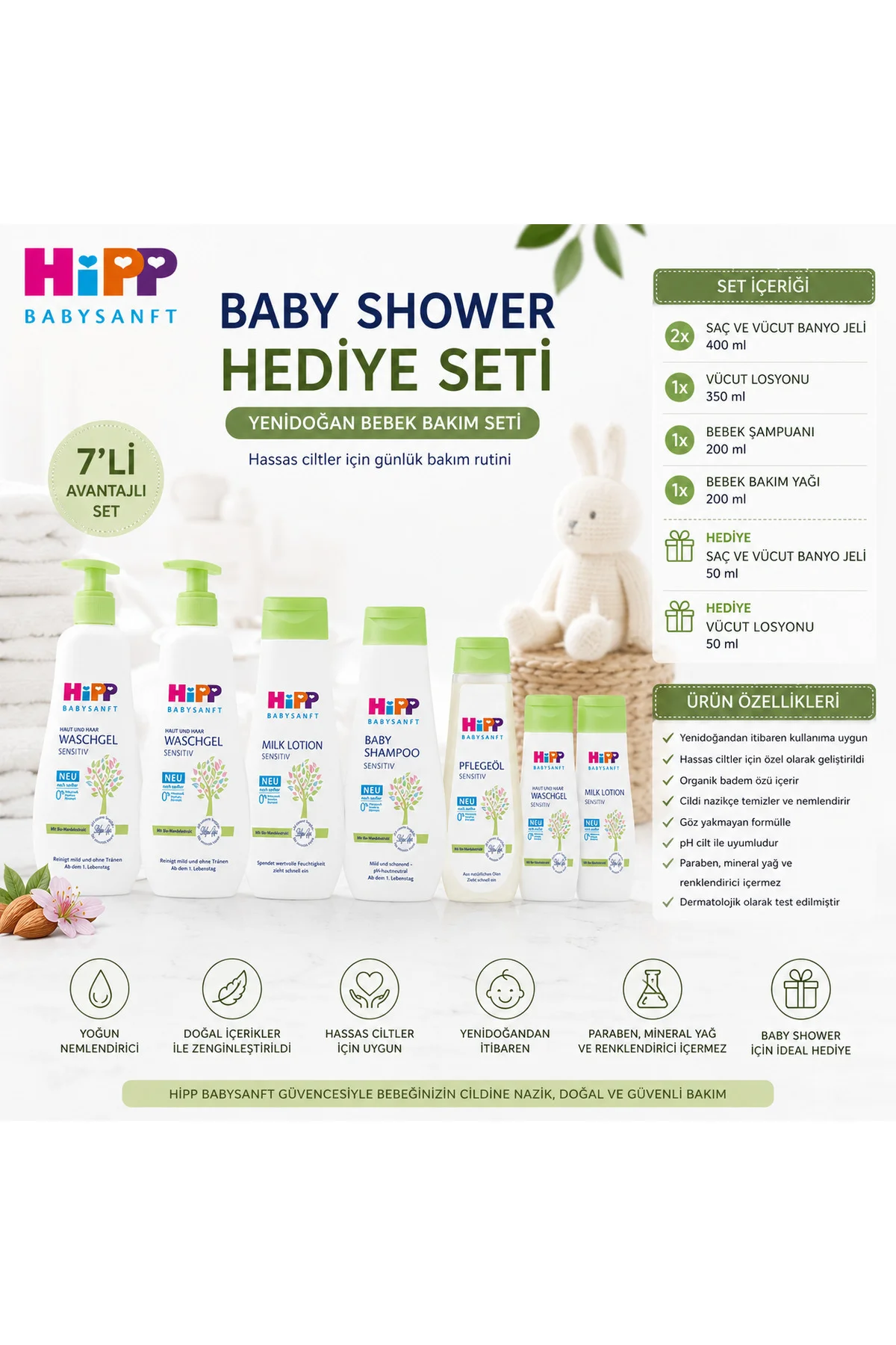 Babysanft Baby Shower Yenidoğan Bebek Bakım Hediye Seti 7'li Organik Badem Özlü - Hipp Görsel 2