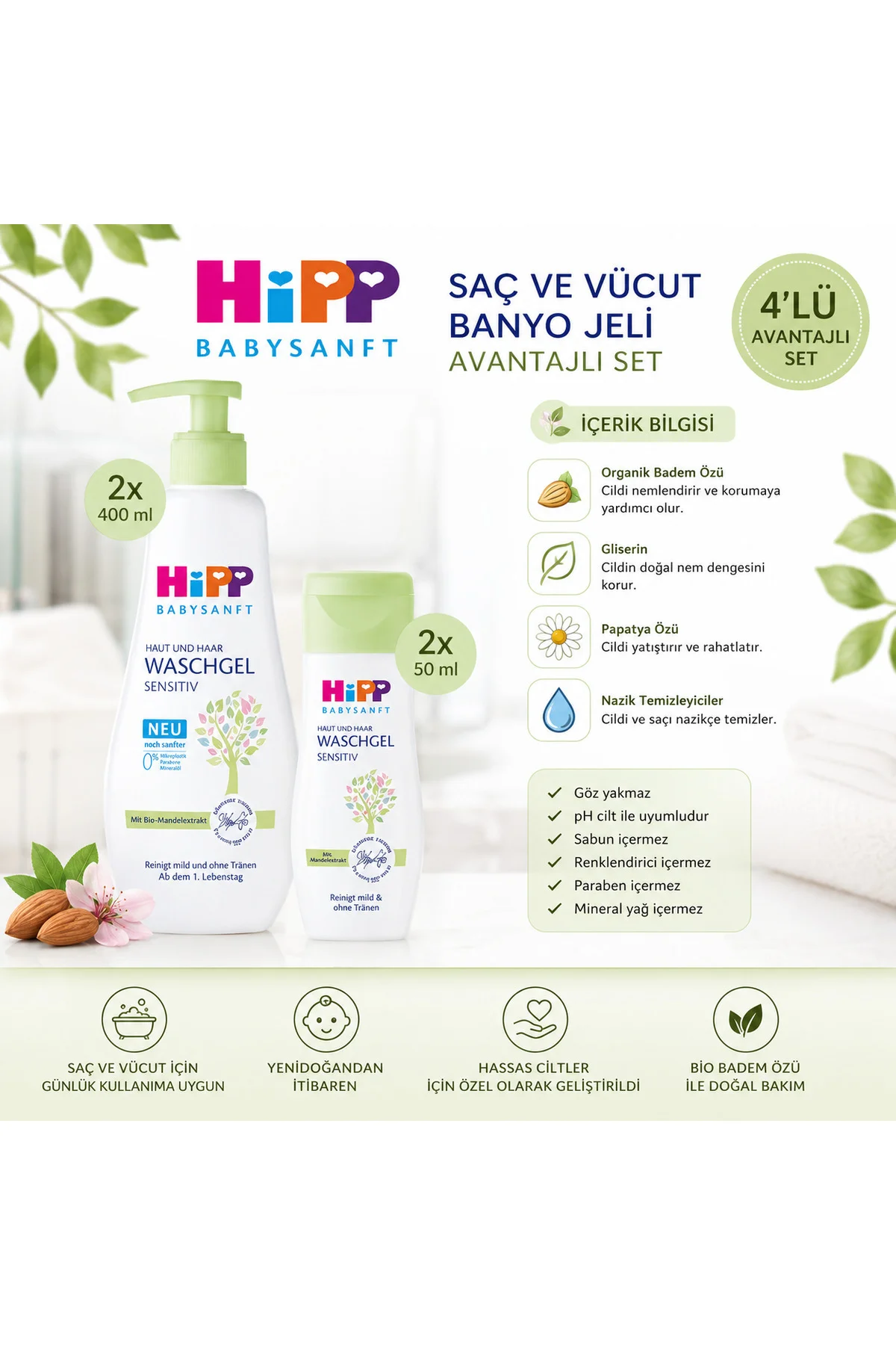 Babysanft Saç ve Vücut Banyo Jeli 2x400 ml + 2x50 ml Yenidoğan Avantajlı 4'lü Set - Hipp Görsel 2