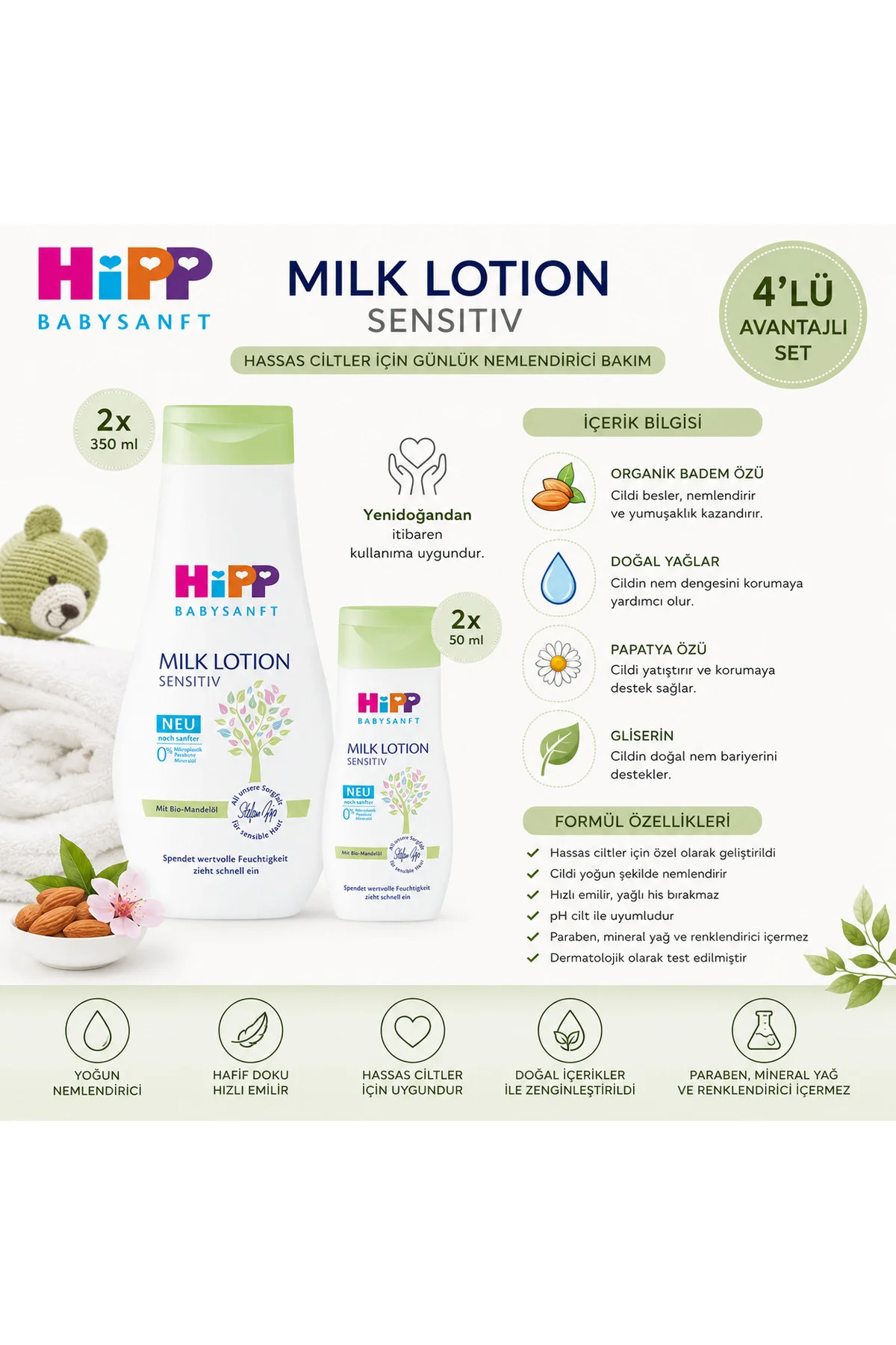 Babysanft Milk Lotion 2x350 ml + 2x50 ml Hassas Cilt Nemlendirici Losyon 4'lü Set - Hipp Görsel 2