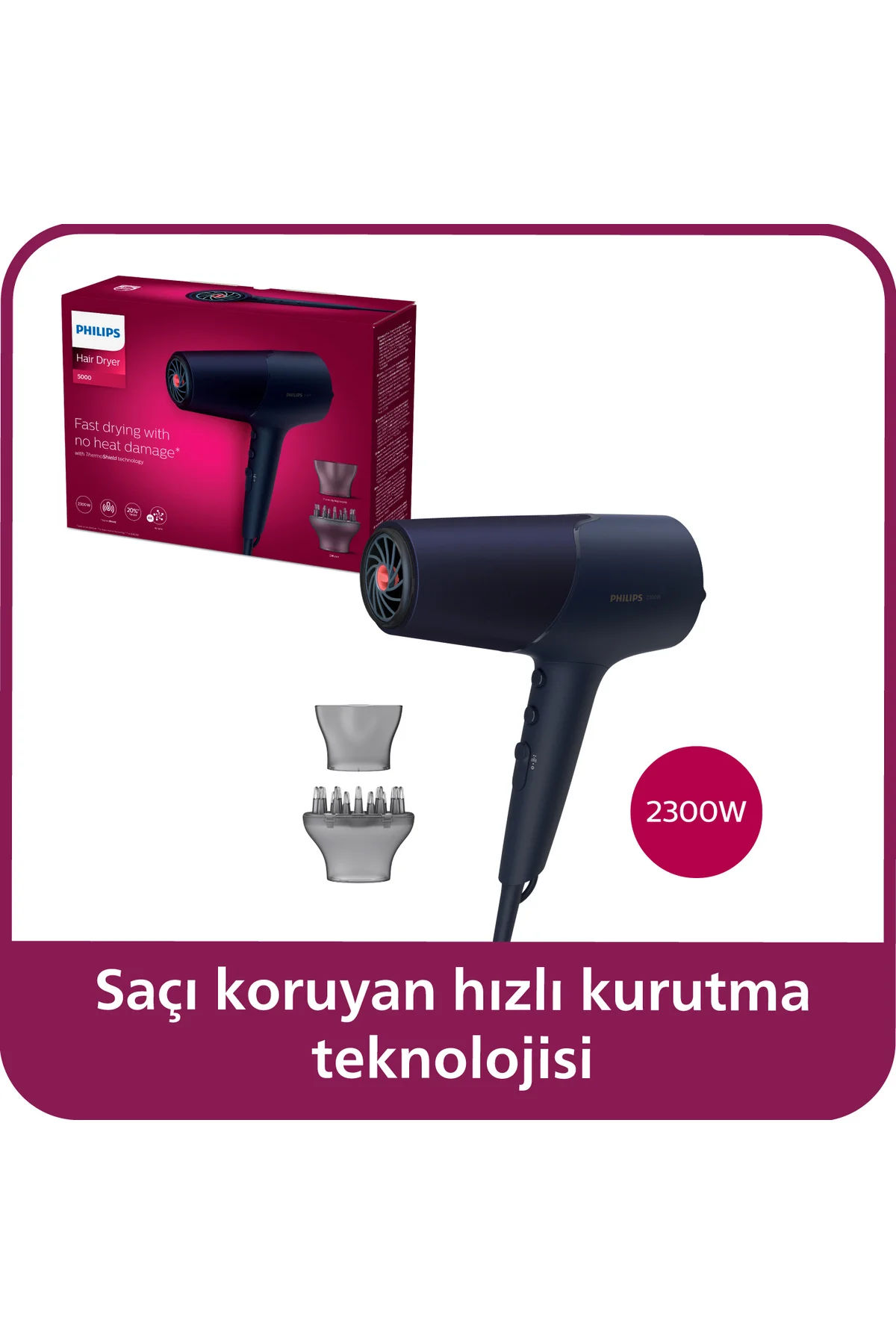 5000 Serisi Saç Kurutma Makinesi, 2300w, ThermoShield teknolojisi, İyonik Bakım, BHD510/00